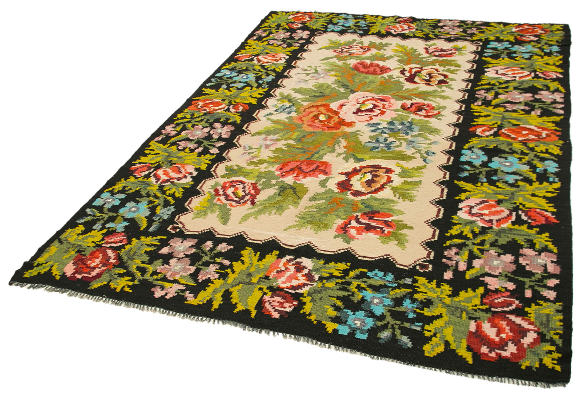 Handmade Wool Rug - Vintage Area Rug | Black Floral Cotton & Goat Hair Carpet 5'11''x8'6''