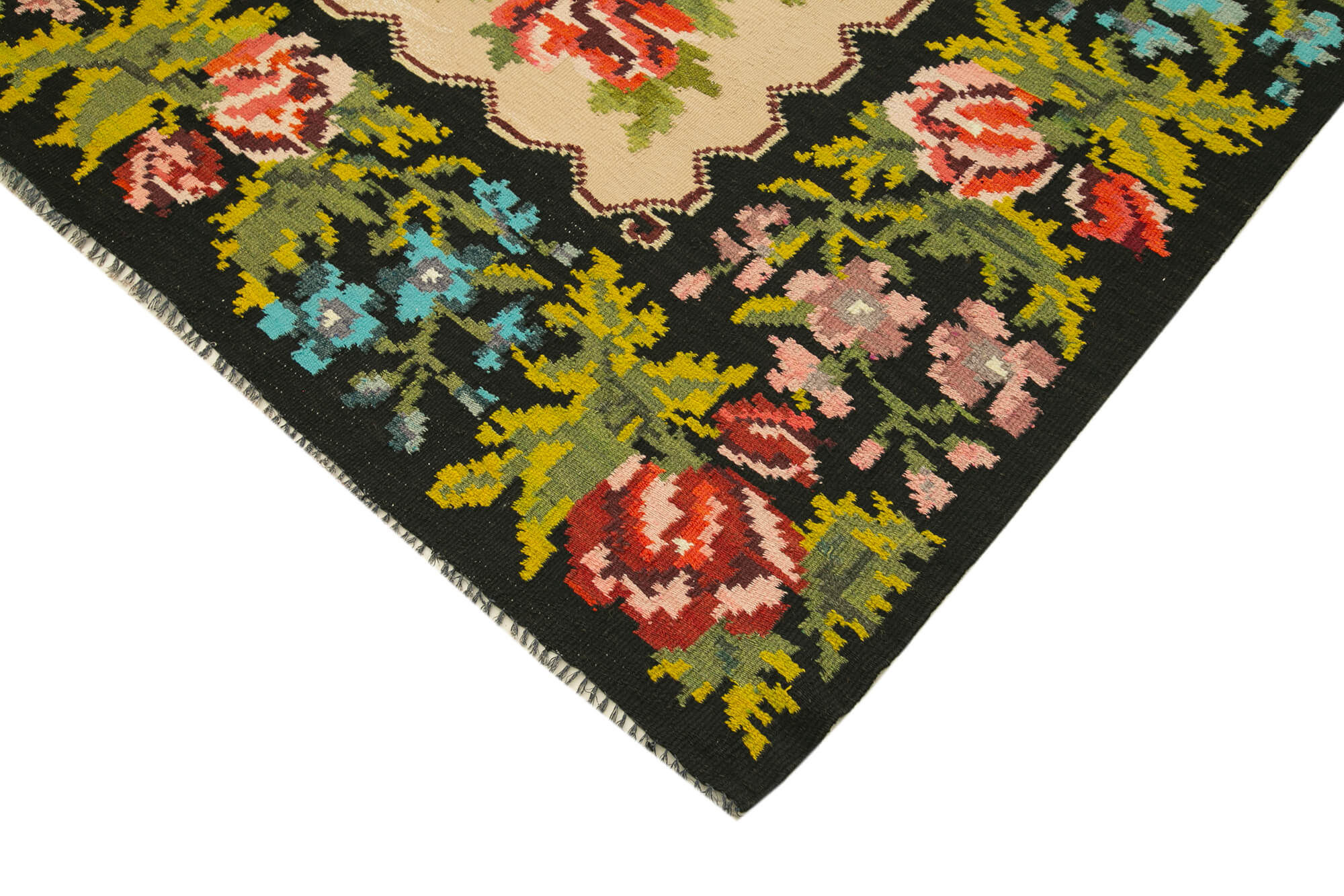 Handmade Wool Rug - Vintage Area Rug | Black Floral Cotton & Goat Hair Carpet 5'11''x8'6''