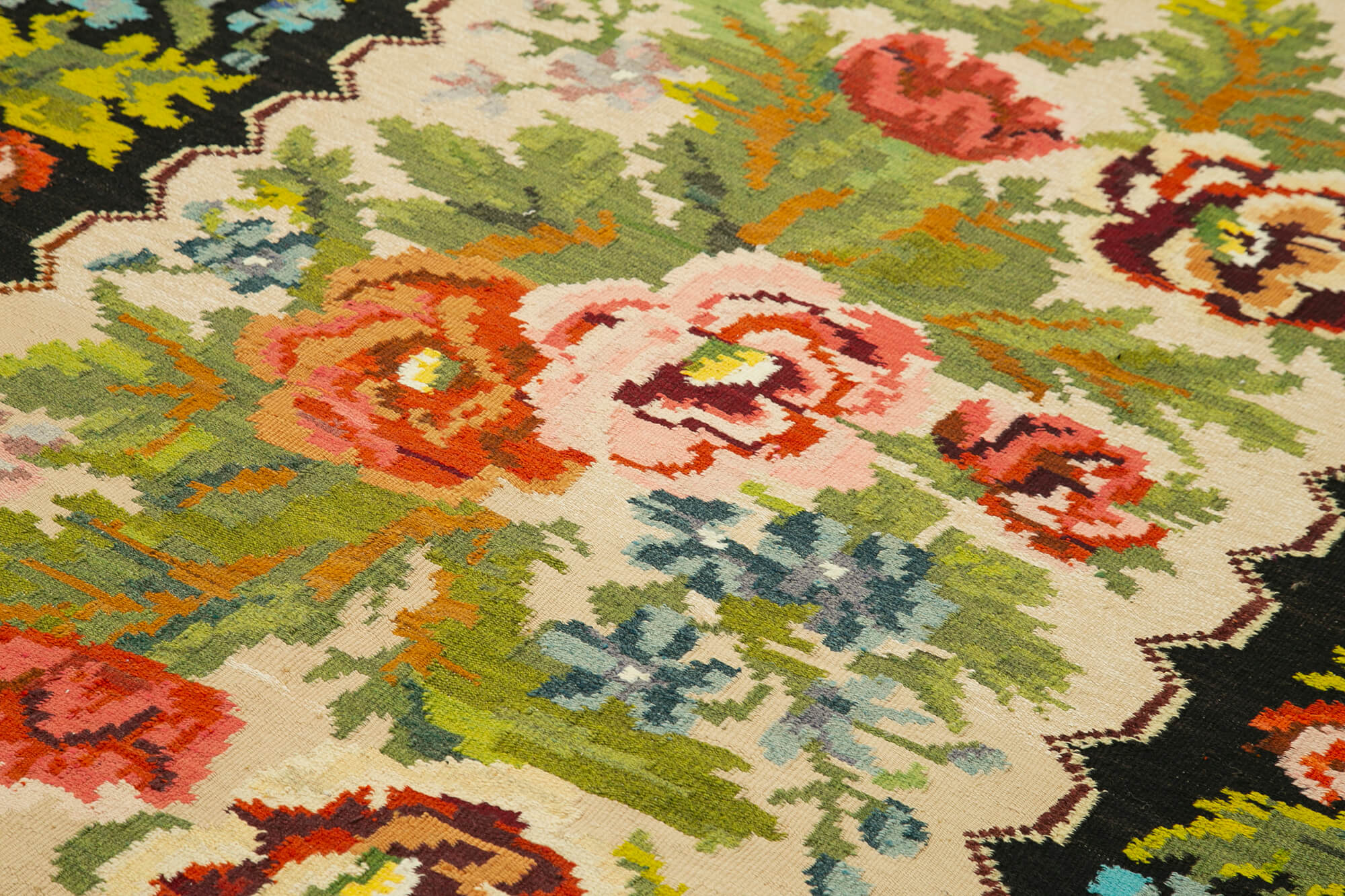 Handmade Wool Rug - Vintage Area Rug | Black Floral Cotton & Goat Hair Carpet 5'11''x8'6''