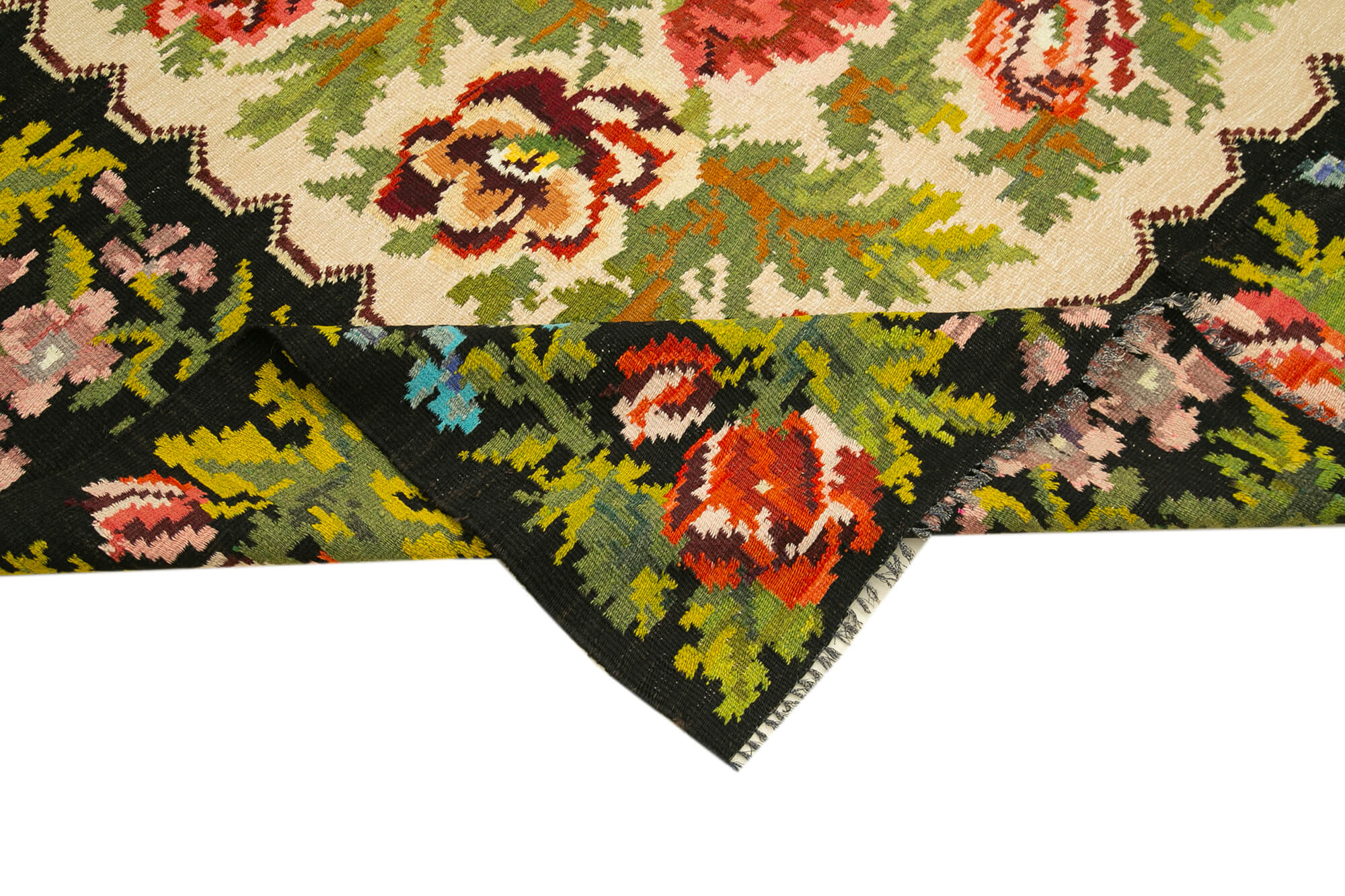 Handmade Wool Rug - Vintage Area Rug | Black Floral Cotton & Goat Hair Carpet 5'11''x8'6''