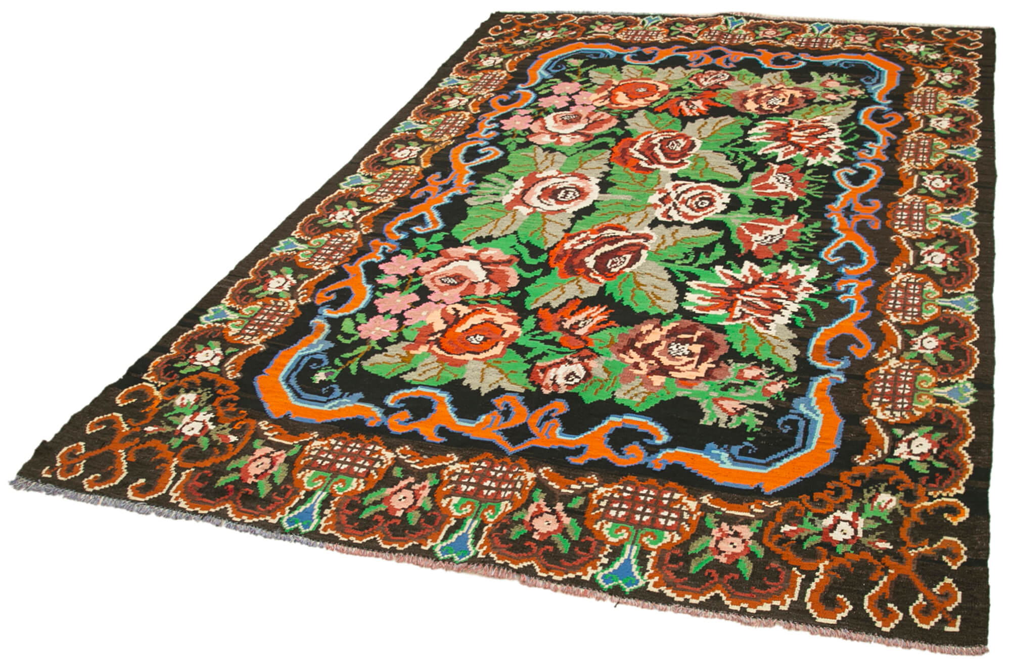 Handmade Wool Rug - Moldovian Floral Black Cotton Wool Goat Hair 6'6''x9'0''