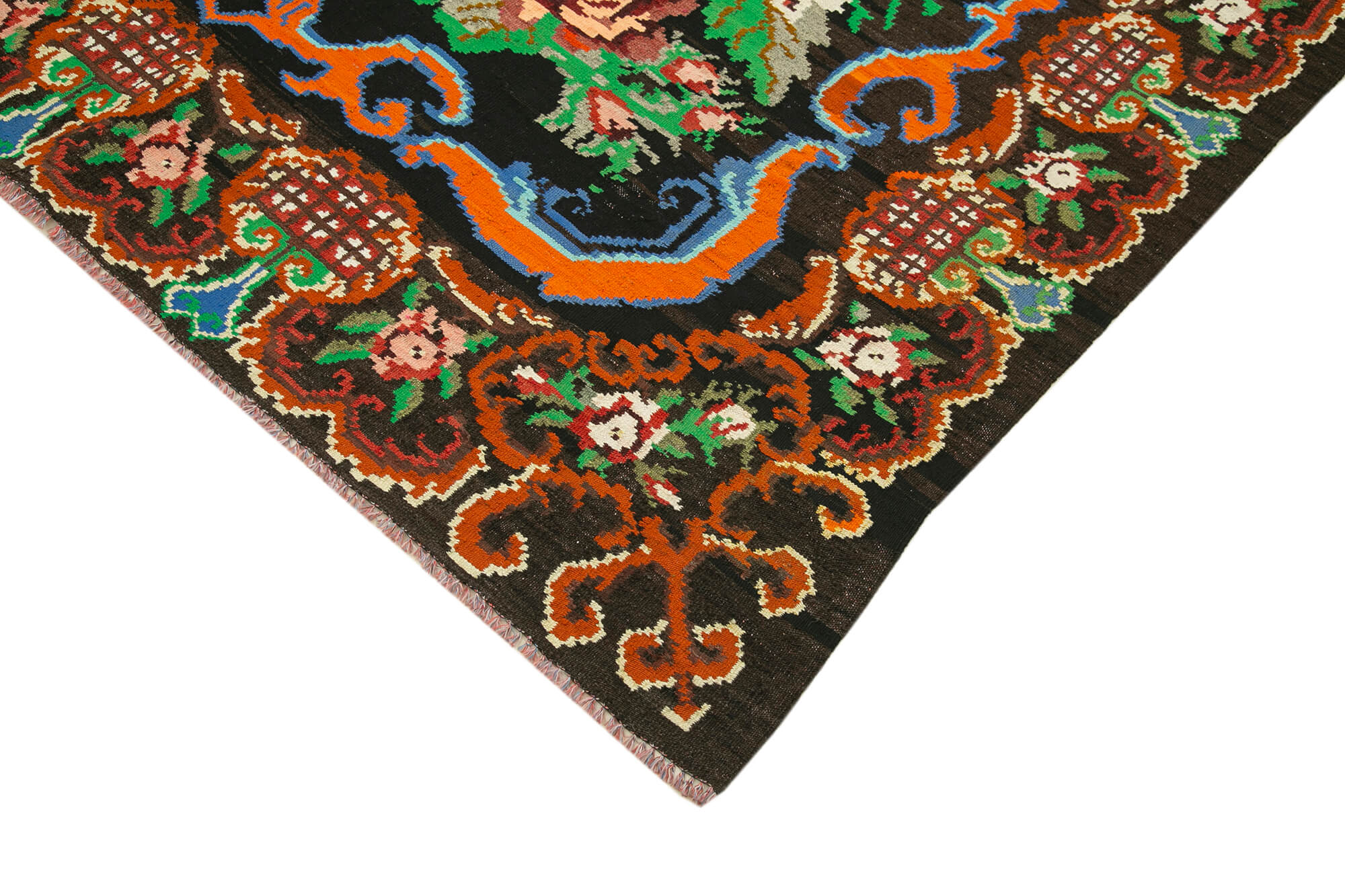 Handmade Wool Rug - Moldovian Floral Black Cotton Wool Goat Hair 6'6''x9'0''