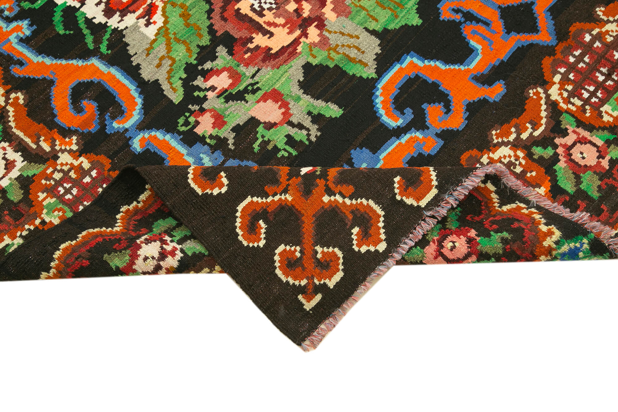 Handmade Wool Rug - Moldovian Floral Black Cotton Wool Goat Hair 6'6''x9'0''