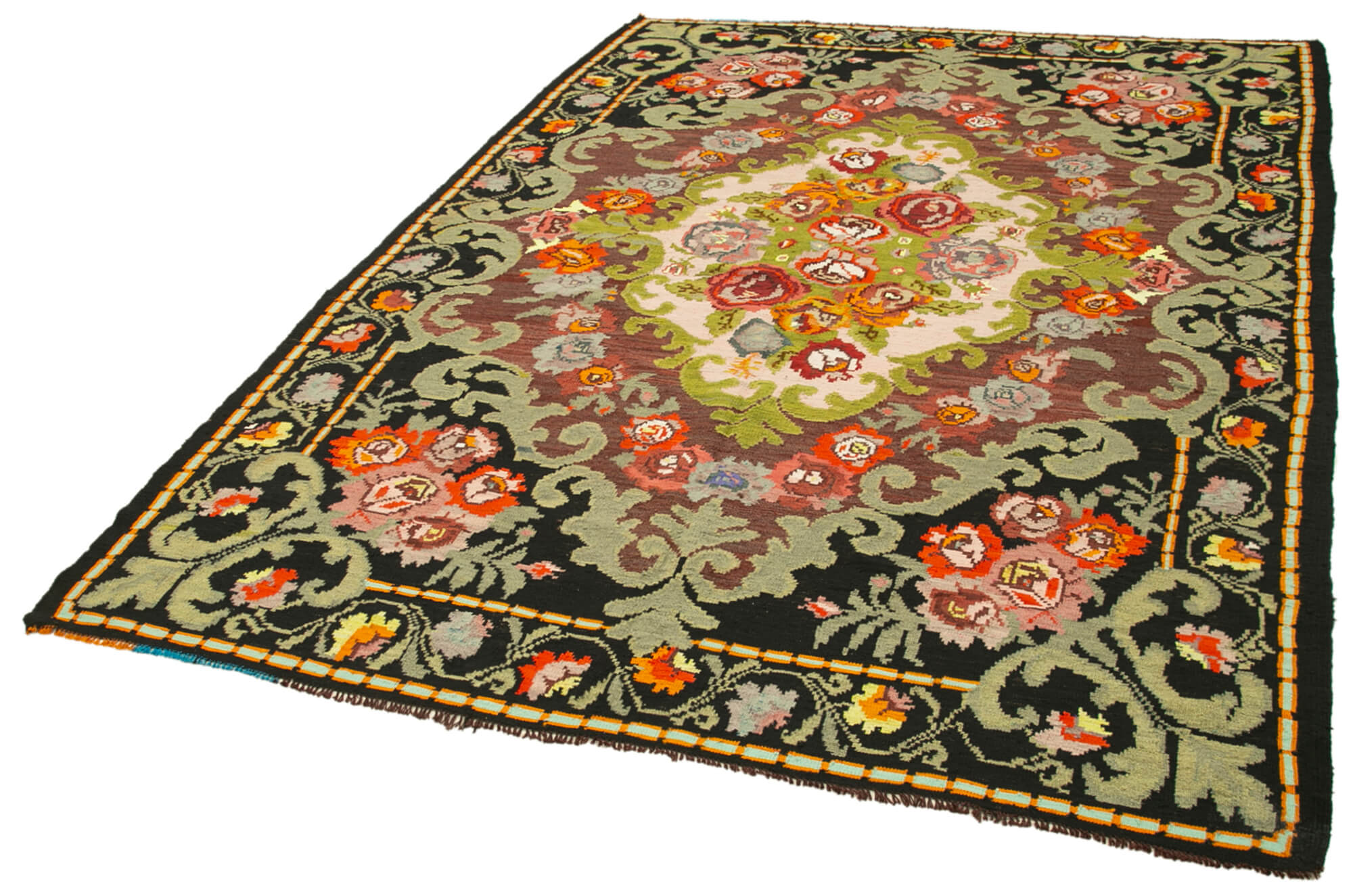 Handmade Wool Area Rug | Hand Woven Rug with Black Floral Pattern, Goat Hair Carpet 6'7''x10'