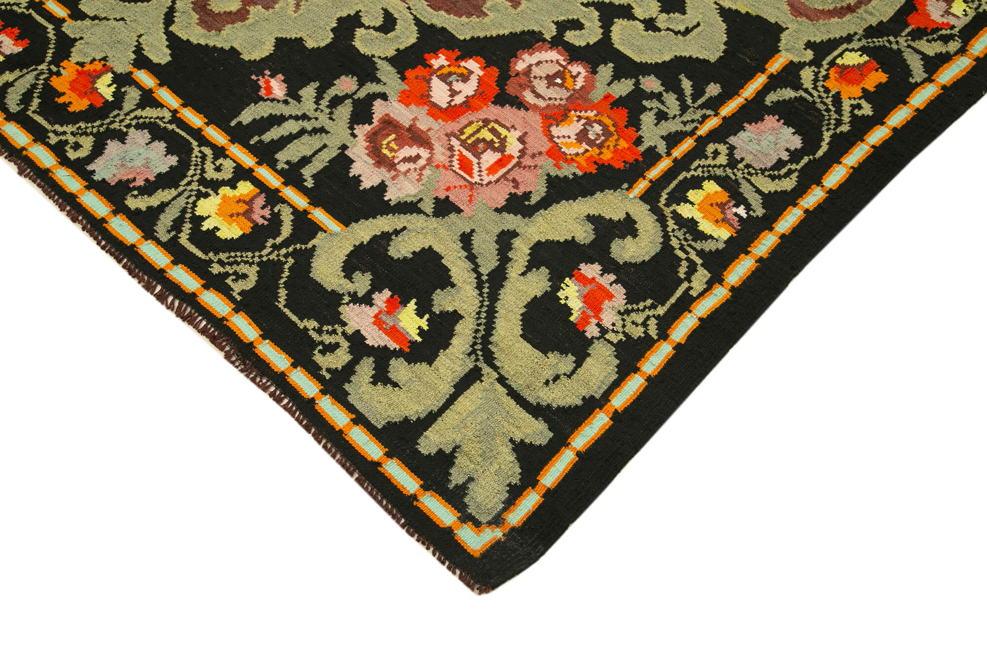 Handmade Wool Area Rug | Hand Woven Rug with Black Floral Pattern, Goat Hair Carpet 6'7''x10'