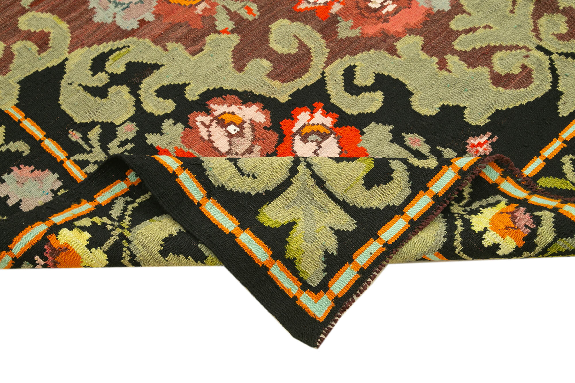 Handmade Wool Area Rug | Hand Woven Rug with Black Floral Pattern, Goat Hair Carpet 6'7''x10'