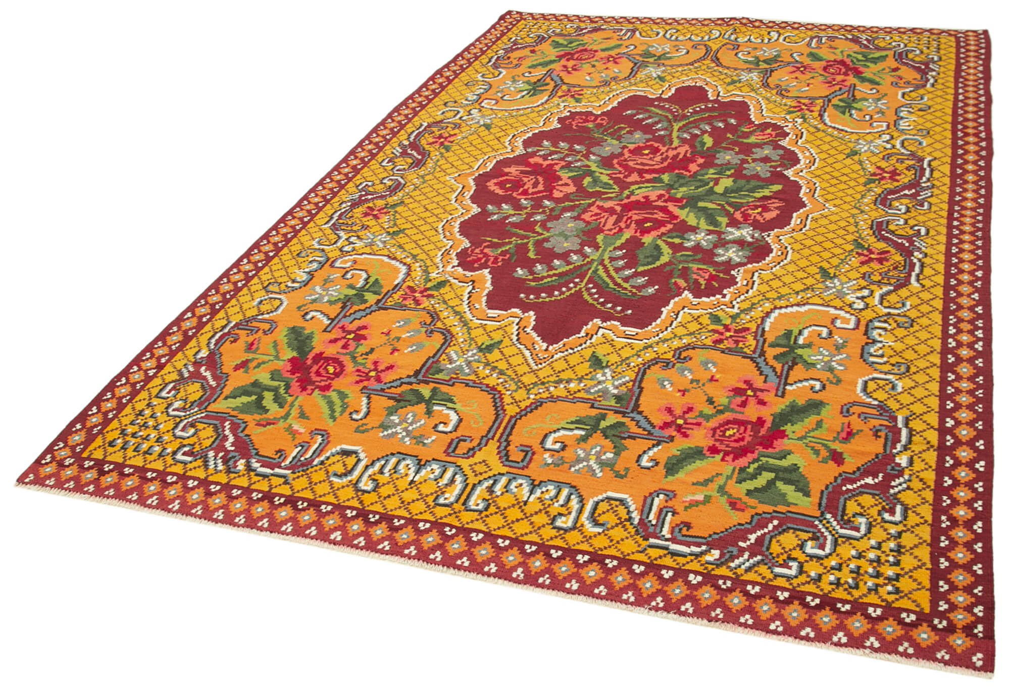 Handmade Wool Area Rug - Moldovian Yellow Floral Cotton Wool Blend Carpet 6'2''x9'7''