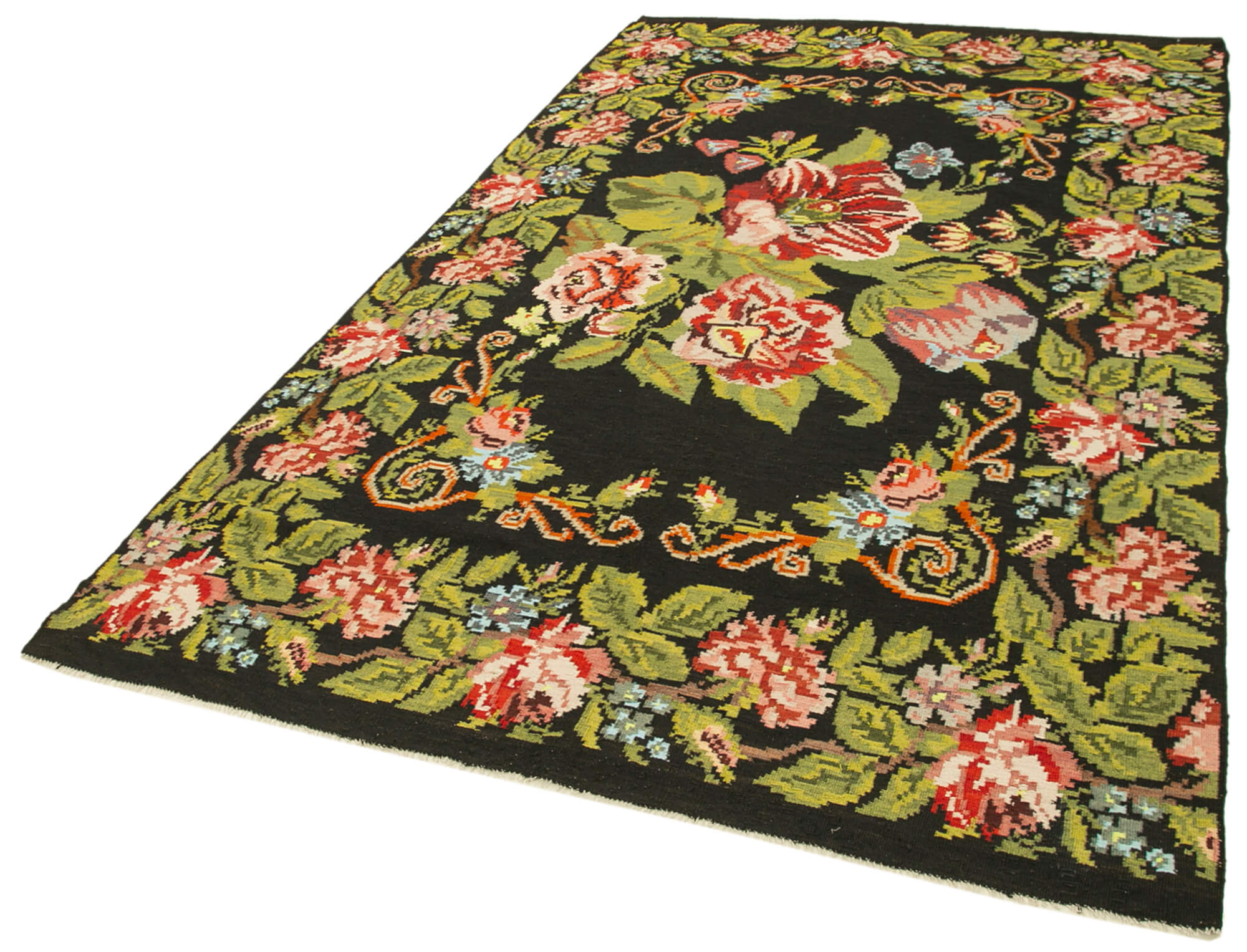 Handmade Wool Rug – Moldovian Floral Black Rug | Cotton Wool Blend Carpet 5'8''x10'2''