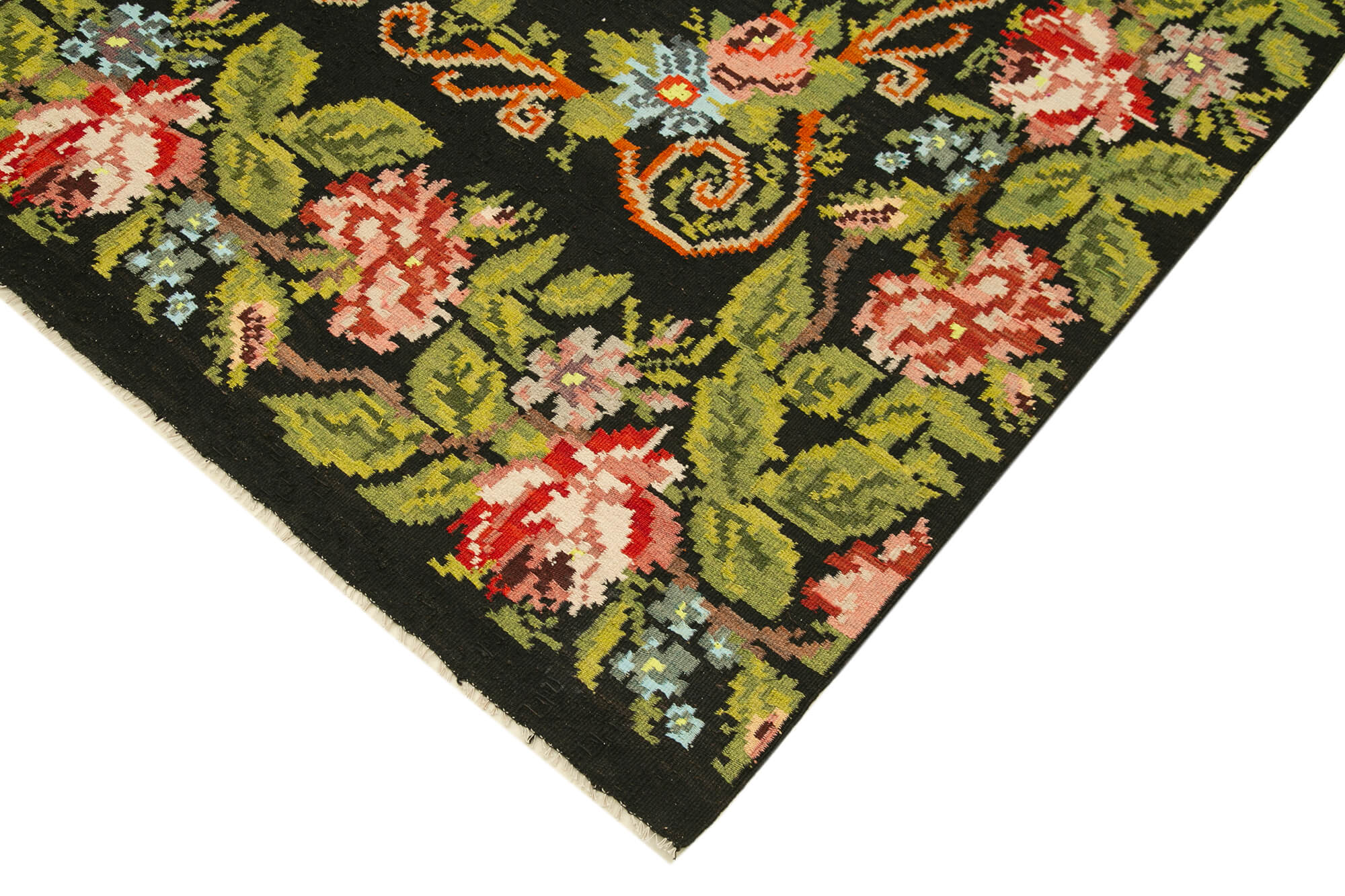 Handmade Wool Rug – Moldovian Floral Black Rug | Cotton Wool Blend Carpet 5'8''x10'2''
