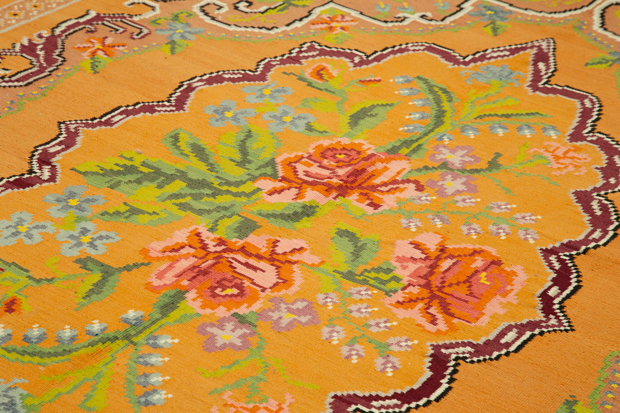 Handmade Wool Area Rug – Vintage Handwoven Floral Yellow Rug 6'7''x9'10''