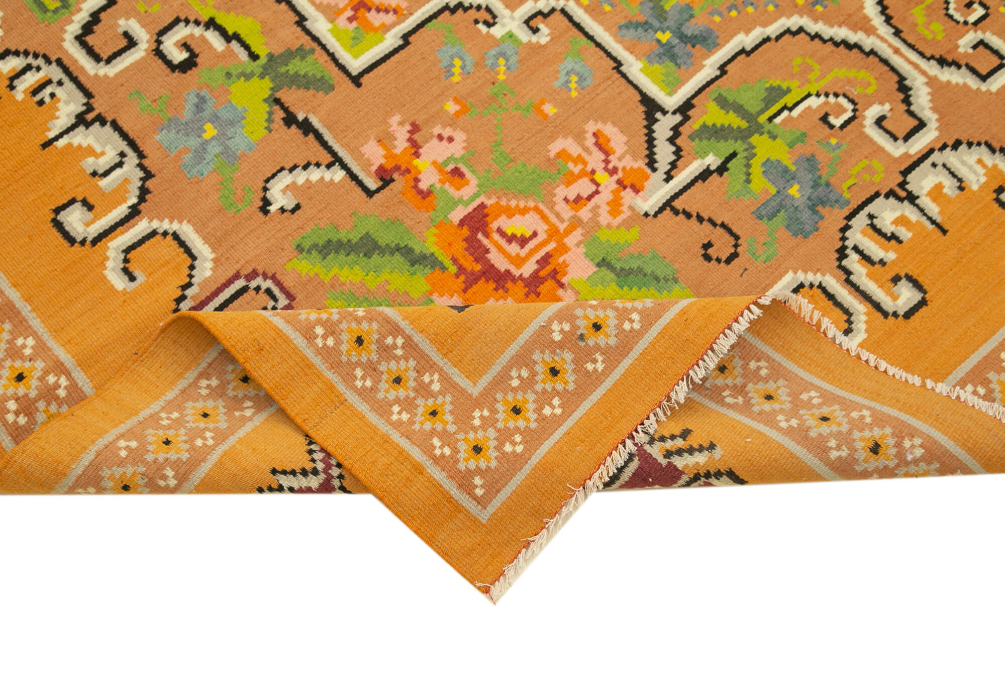 Handmade Wool Area Rug – Vintage Handwoven Floral Yellow Rug 6'7''x9'10''