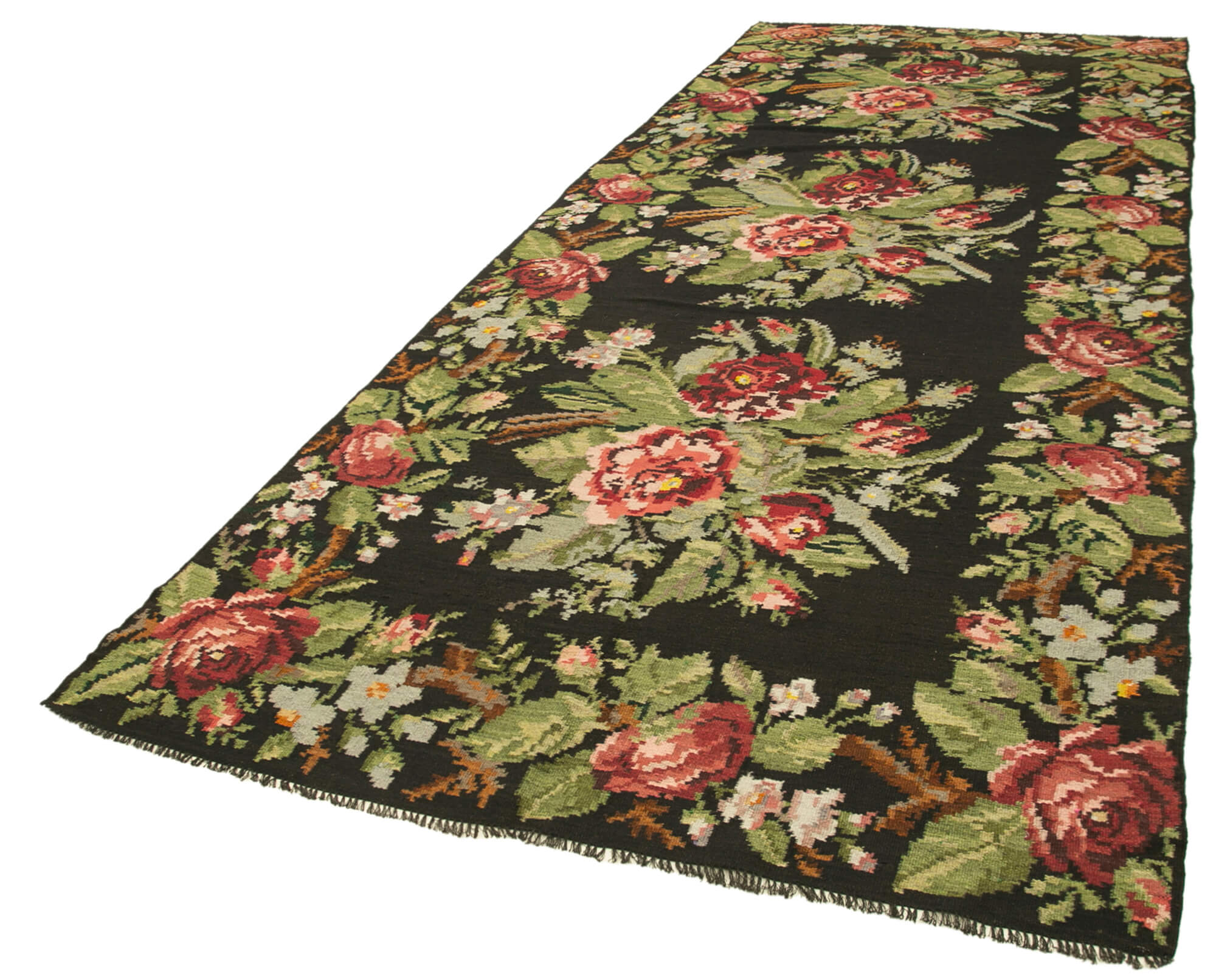 Handmade Wool Area Rug – Vintage Black Floral Carpet, Cotton Goat Hair Blend 5'8''x14'11''