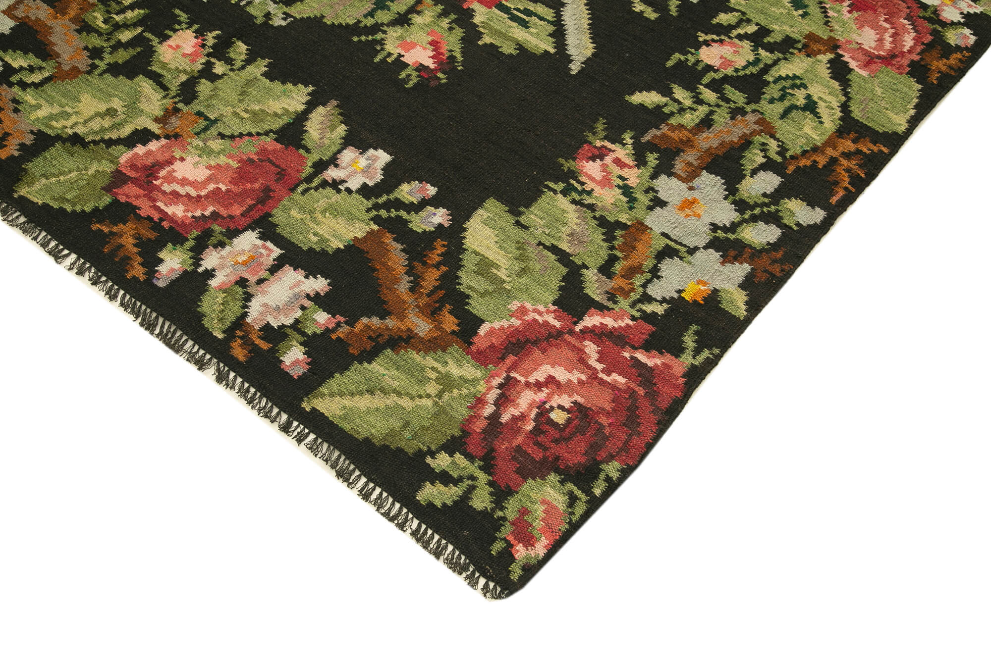 Handmade Wool Area Rug – Vintage Black Floral Carpet, Cotton Goat Hair Blend 5'8''x14'11''