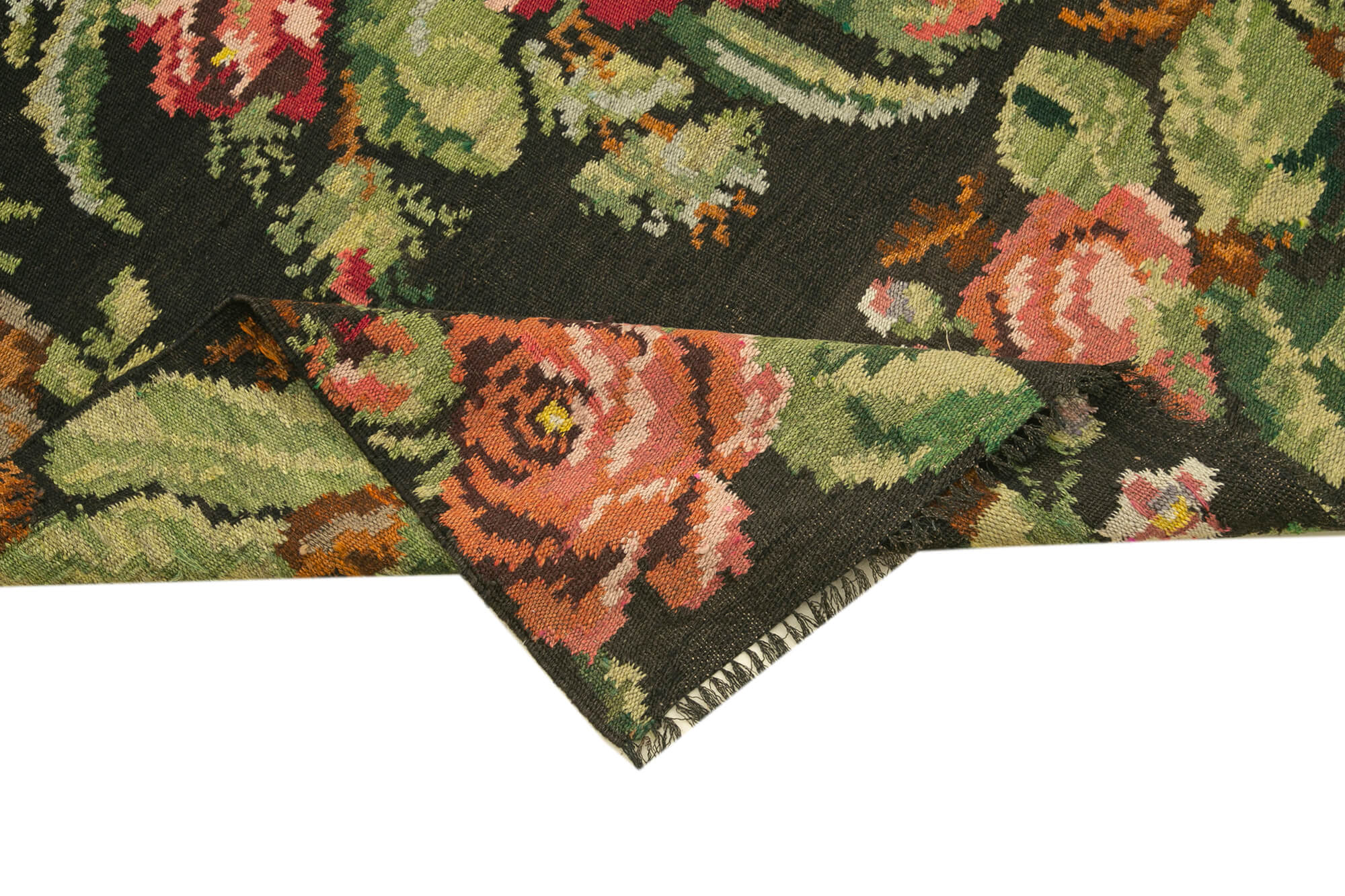 Handmade Wool Area Rug – Vintage Black Floral Carpet, Cotton Goat Hair Blend 5'8''x14'11''