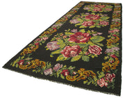 Handmade Wool Area Rug - Black Floral Carpet with Vintage Handwoven Design 6'x17'