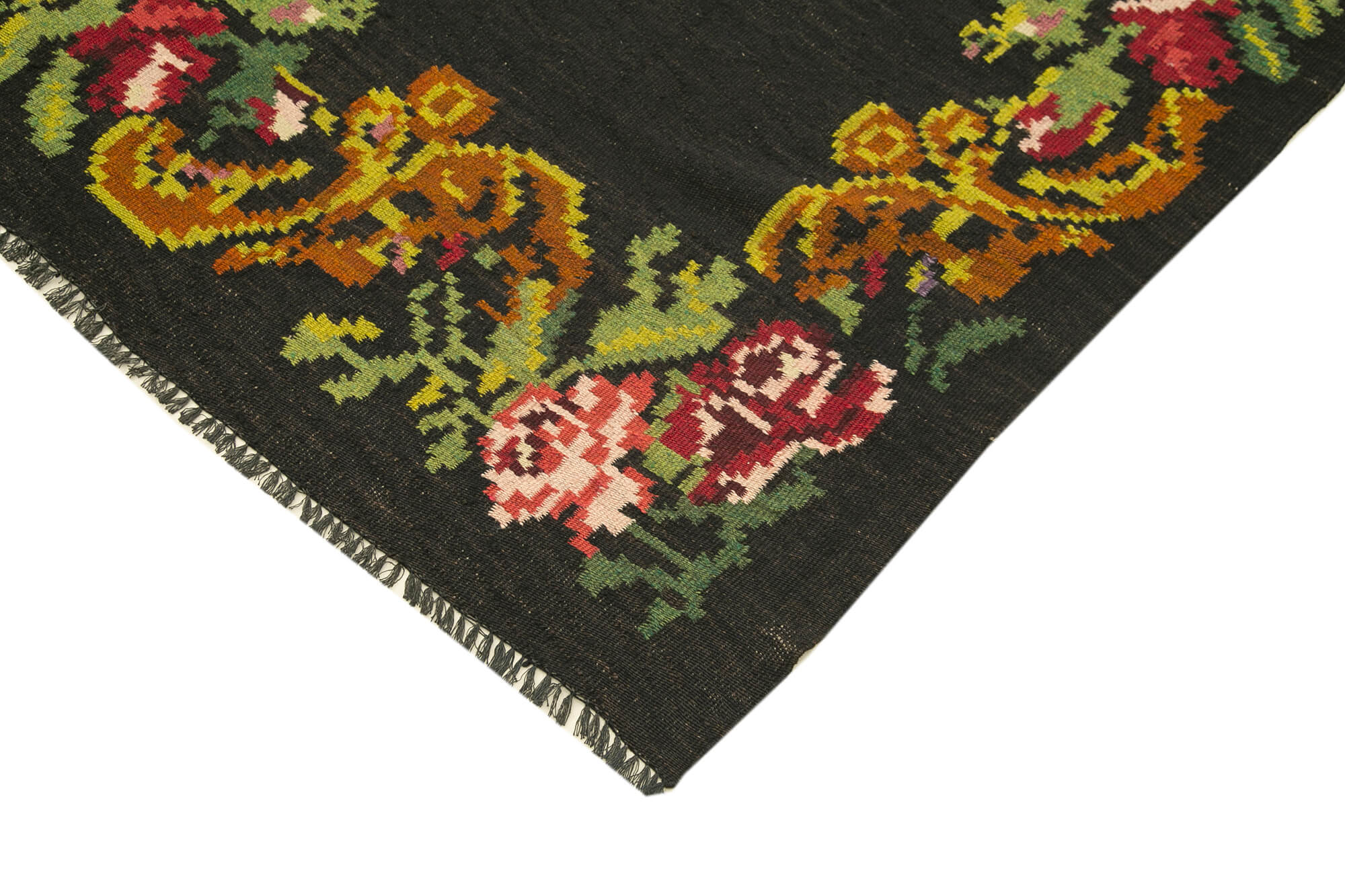 Handmade Wool Area Rug - Black Floral Carpet with Vintage Handwoven Design 6'x17'