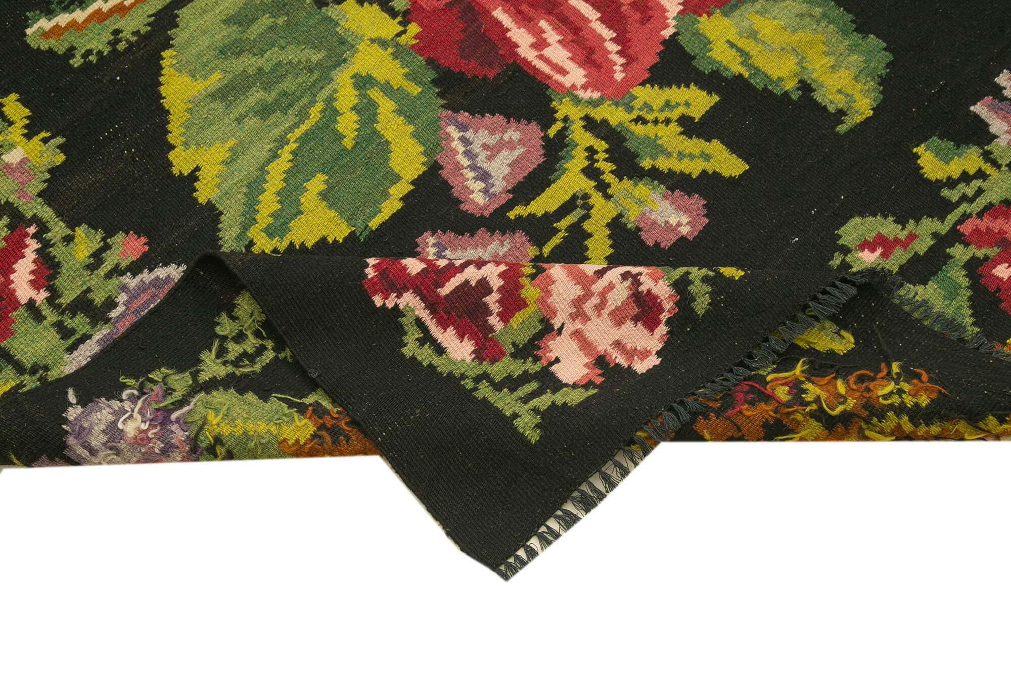 Handmade Wool Area Rug - Black Floral Carpet with Vintage Handwoven Design 6'x17'