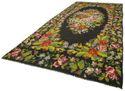 Handmade Wool Area Rug – Vintage Black Floral Carpet, Cotton Goat Hair, Hand Knotted