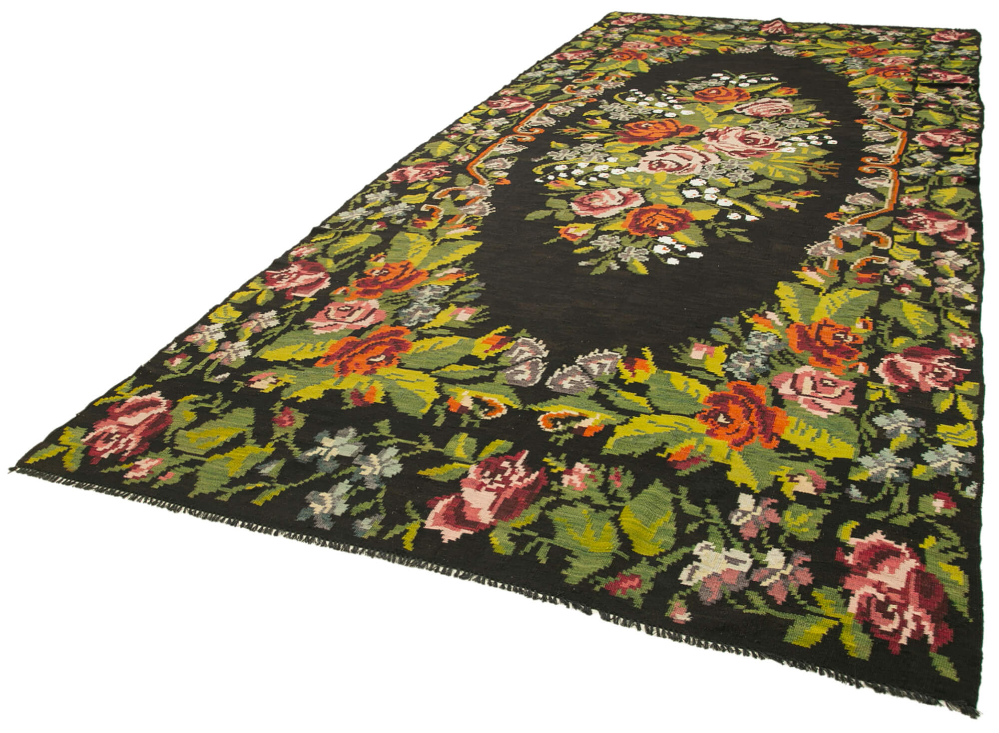 Handmade Wool Area Rug – Vintage Black Floral Carpet, Cotton Goat Hair, Hand Knotted