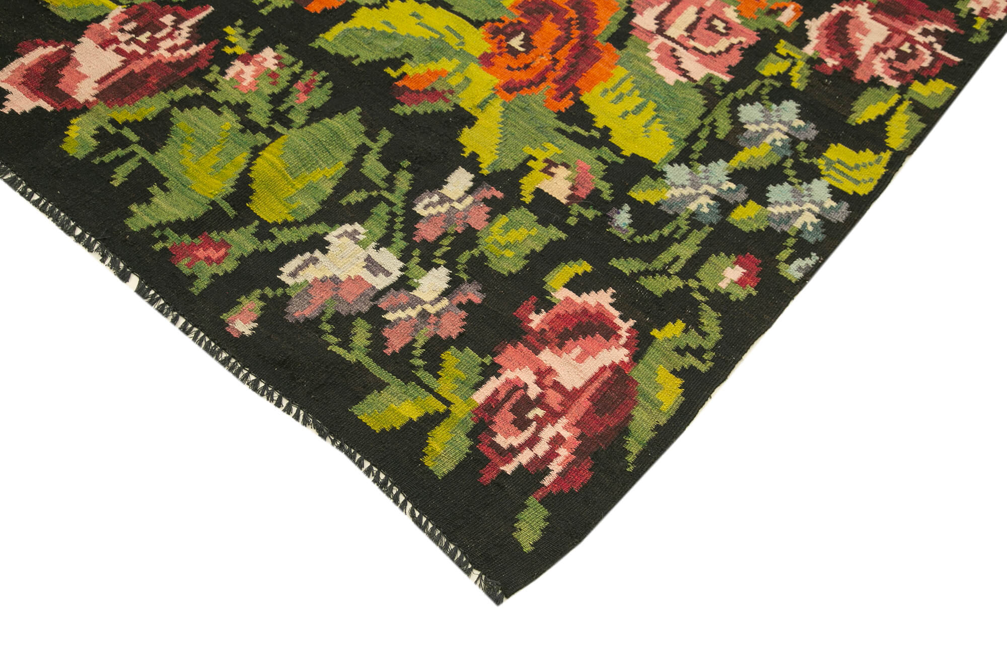 Handmade Wool Area Rug – Vintage Black Floral Carpet, Cotton Goat Hair, Hand Knotted