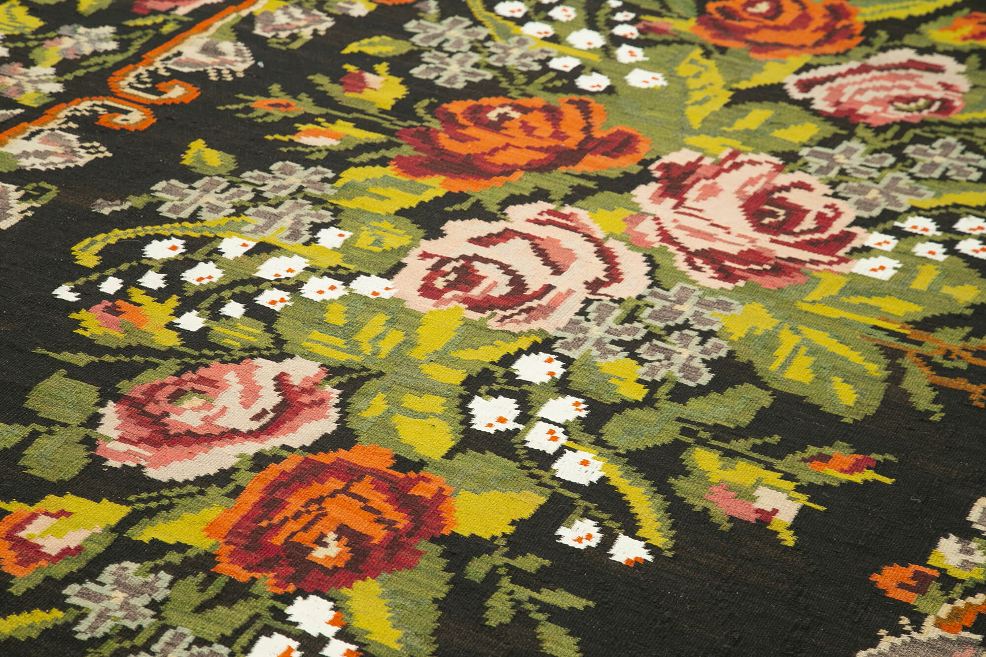 Handmade Wool Area Rug – Vintage Black Floral Carpet, Cotton Goat Hair, Hand Knotted