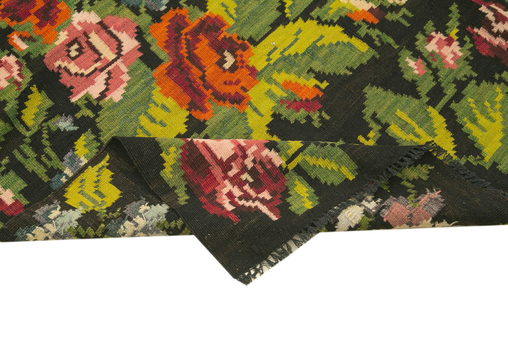 Handmade Wool Area Rug – Vintage Black Floral Carpet, Cotton Goat Hair, Hand Knotted