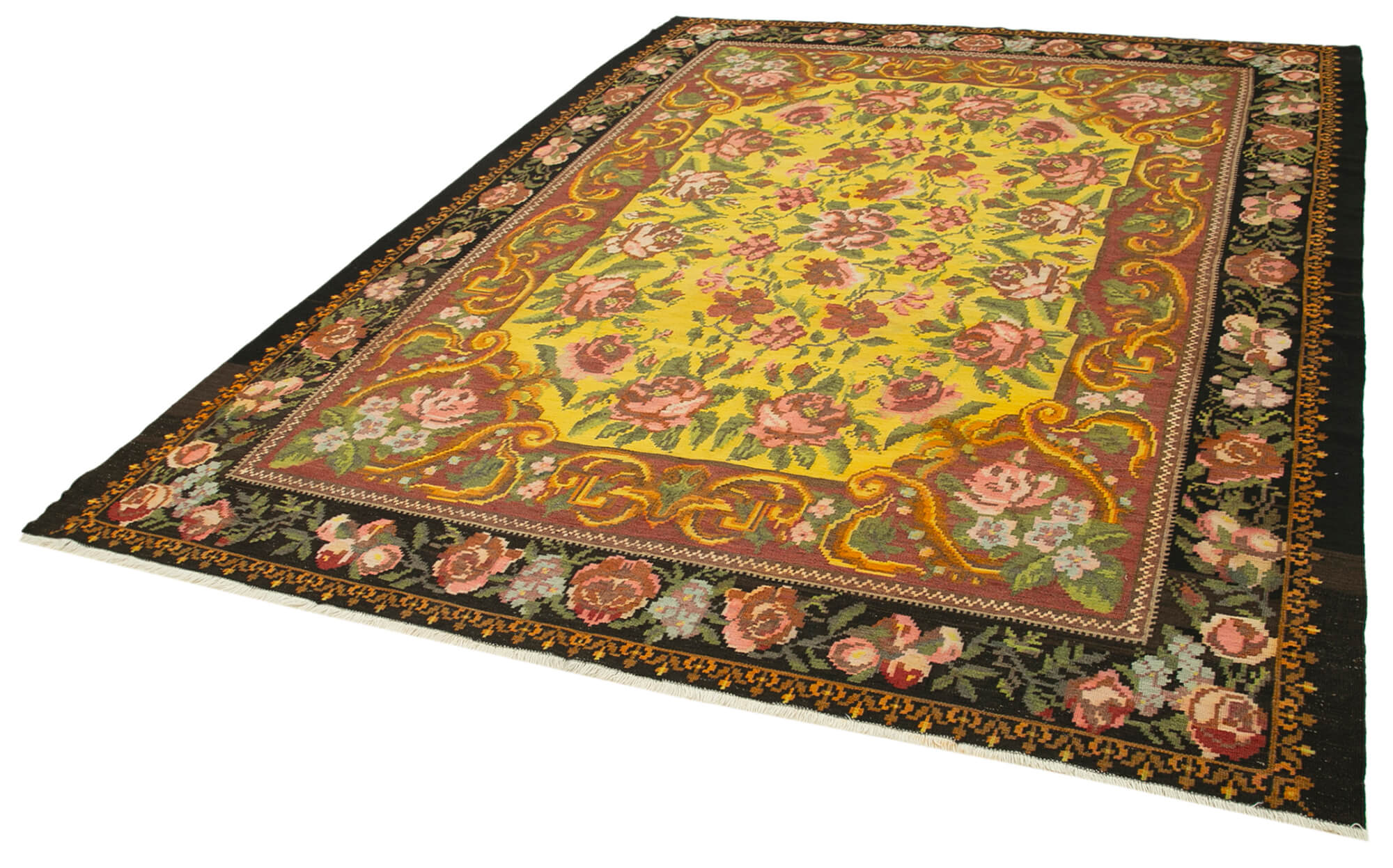 Handmade Wool Rug – Black Floral Design | Turkish Hand Knotted, Soft Wool Texture 7'7"x10'