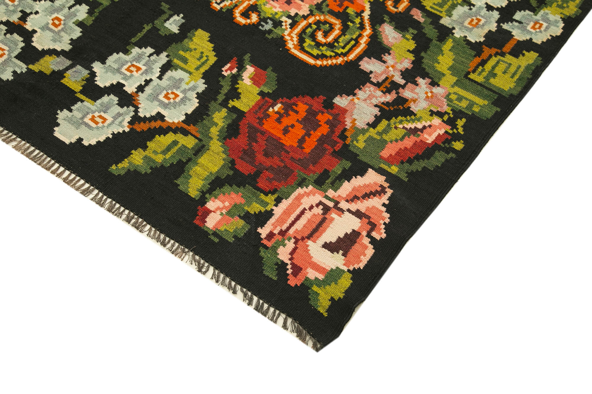 Handmade Wool Rug - Vintage Area Rug With Black Floral Cotton & Goat Hair Design 5'9''x10'6''