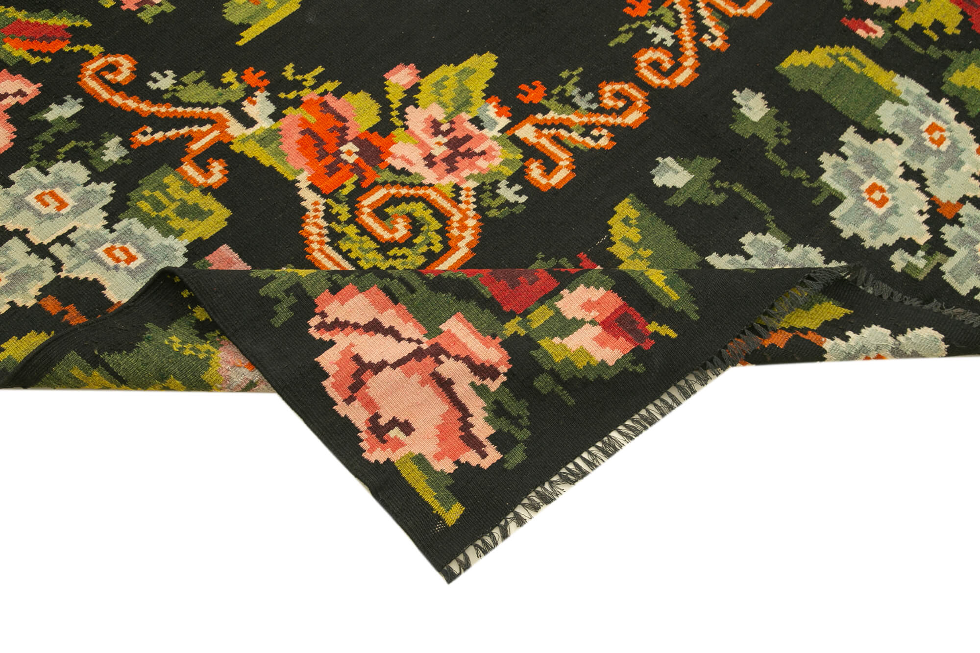 Handmade Wool Rug - Vintage Area Rug With Black Floral Cotton & Goat Hair Design 5'9''x10'6''