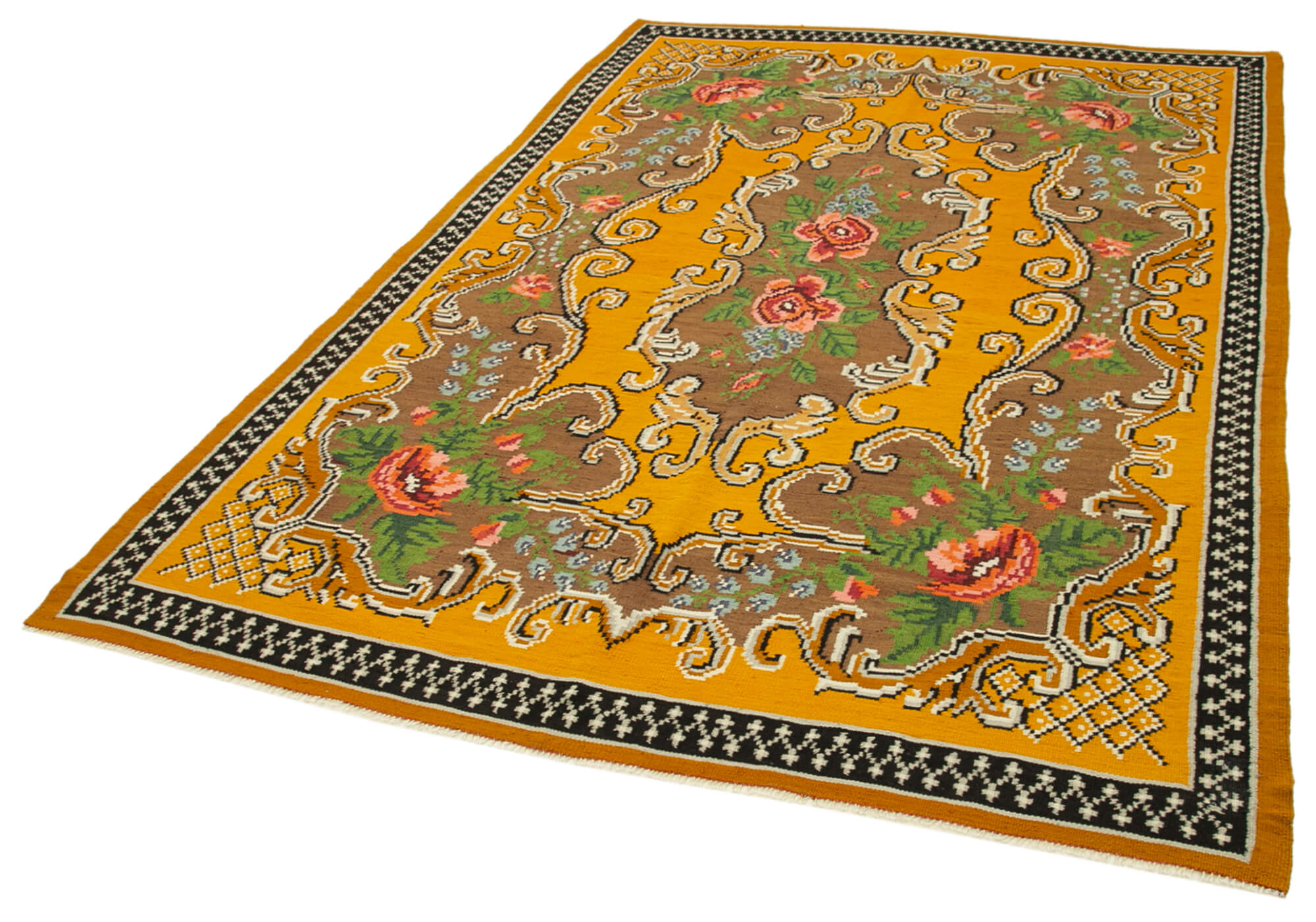 Handmade Wool Area Rug – Vintage Floral Rug with Yellow Floral Carpet, 6x9 Feet