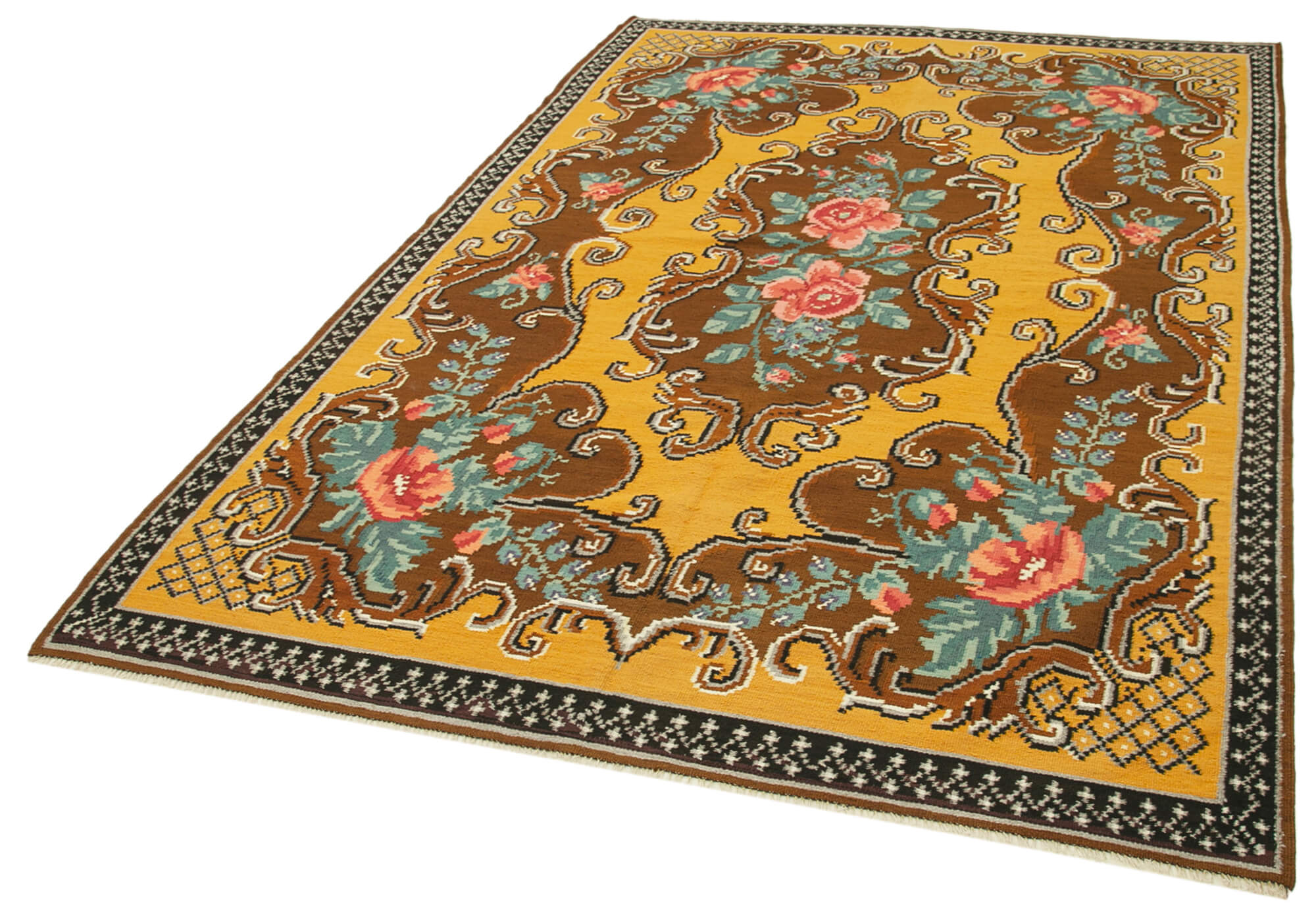 Handmade Wool Rug – Brown Floral Cotton Wool Blend Vintage Area Rug 5'9'' x 8'7''