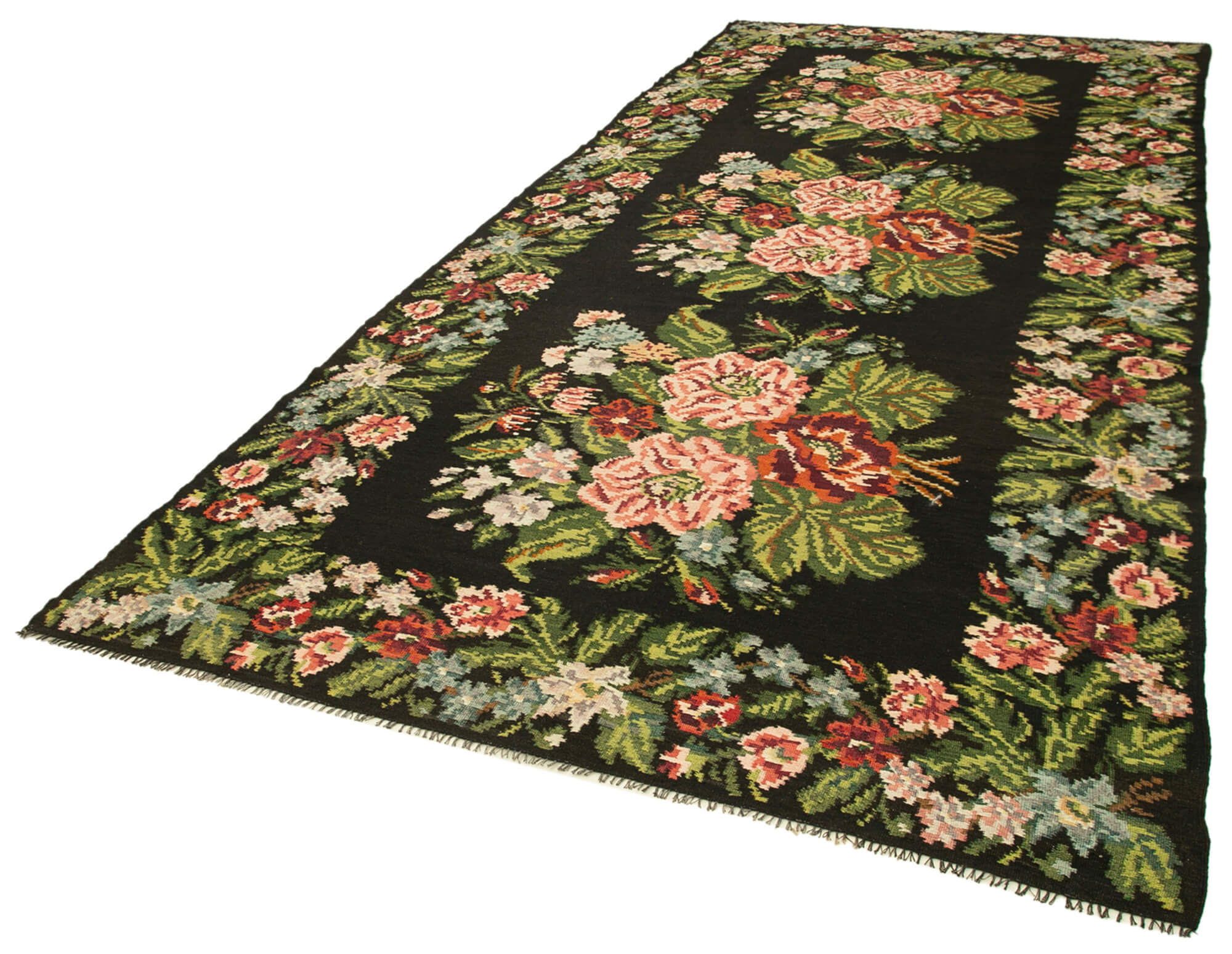 Handmade Wool Area Rug – Black Floral Vintage Hand Woven Rug 6'2''x14'4''