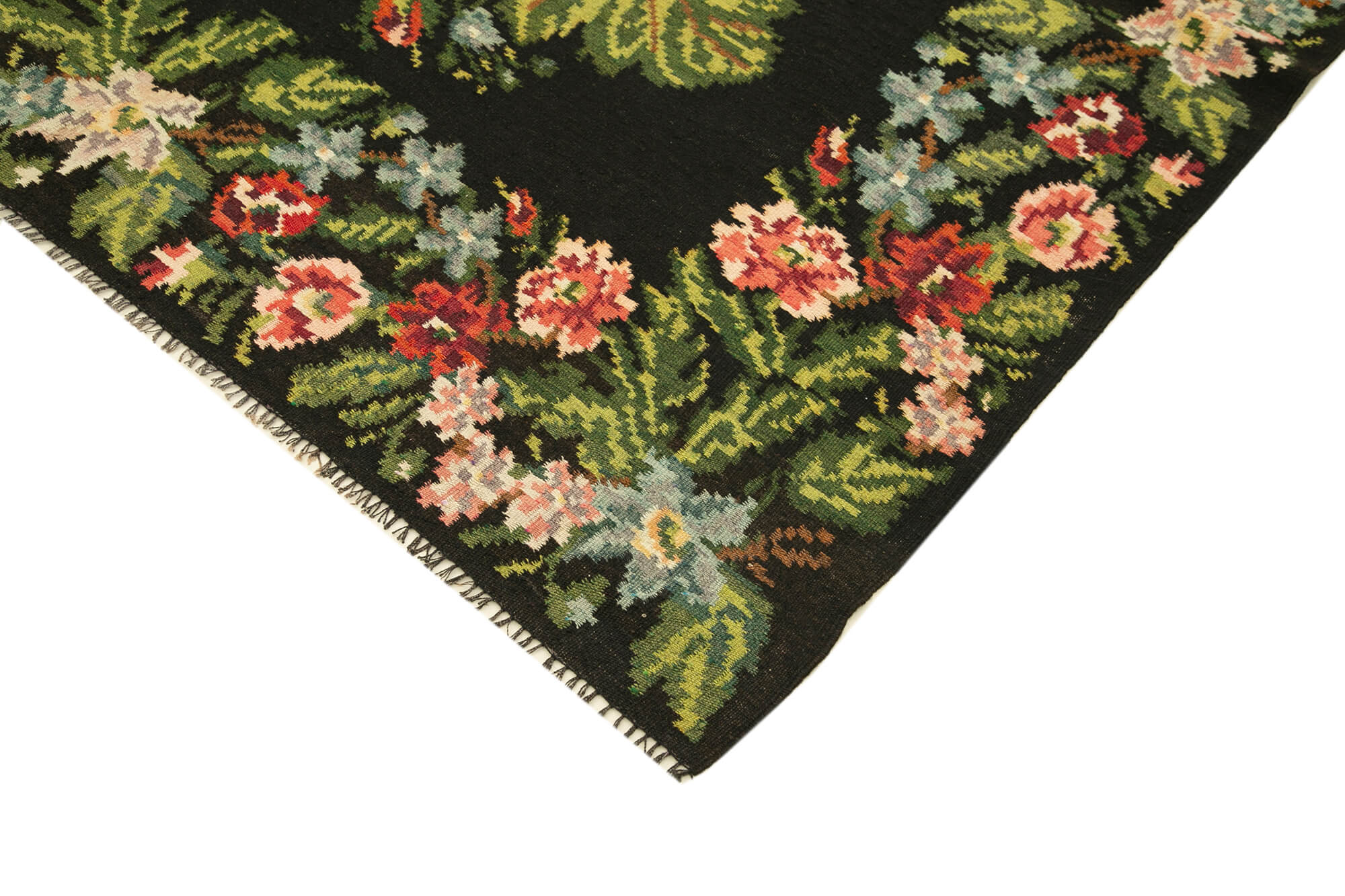 Handmade Wool Area Rug – Black Floral Vintage Hand Woven Rug 6'2''x14'4''