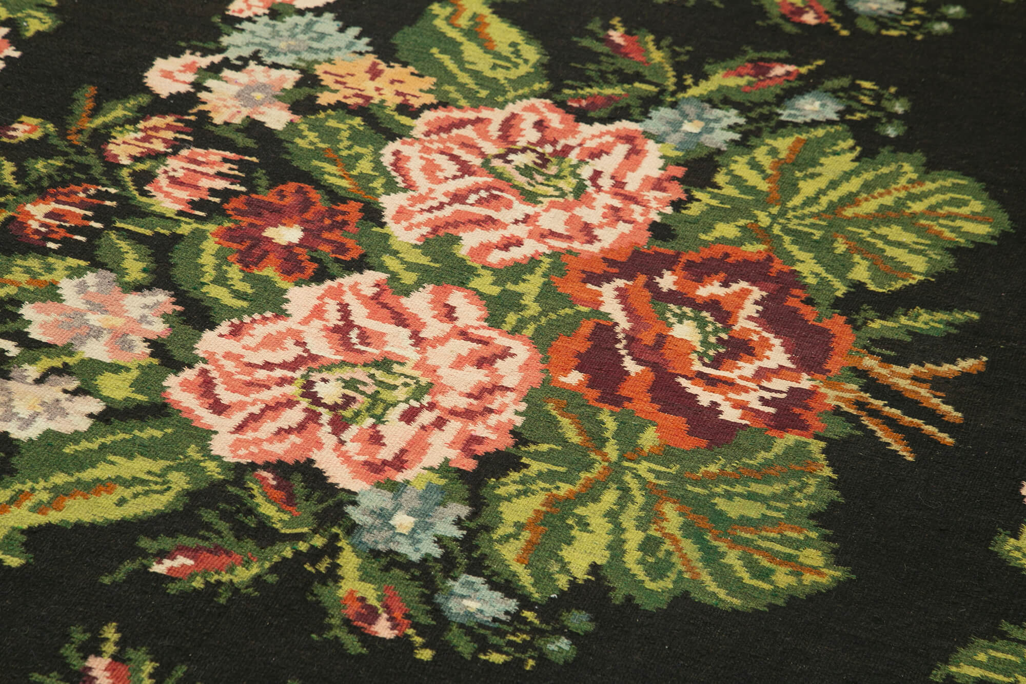 Handmade Wool Area Rug – Black Floral Vintage Hand Woven Rug 6'2''x14'4''