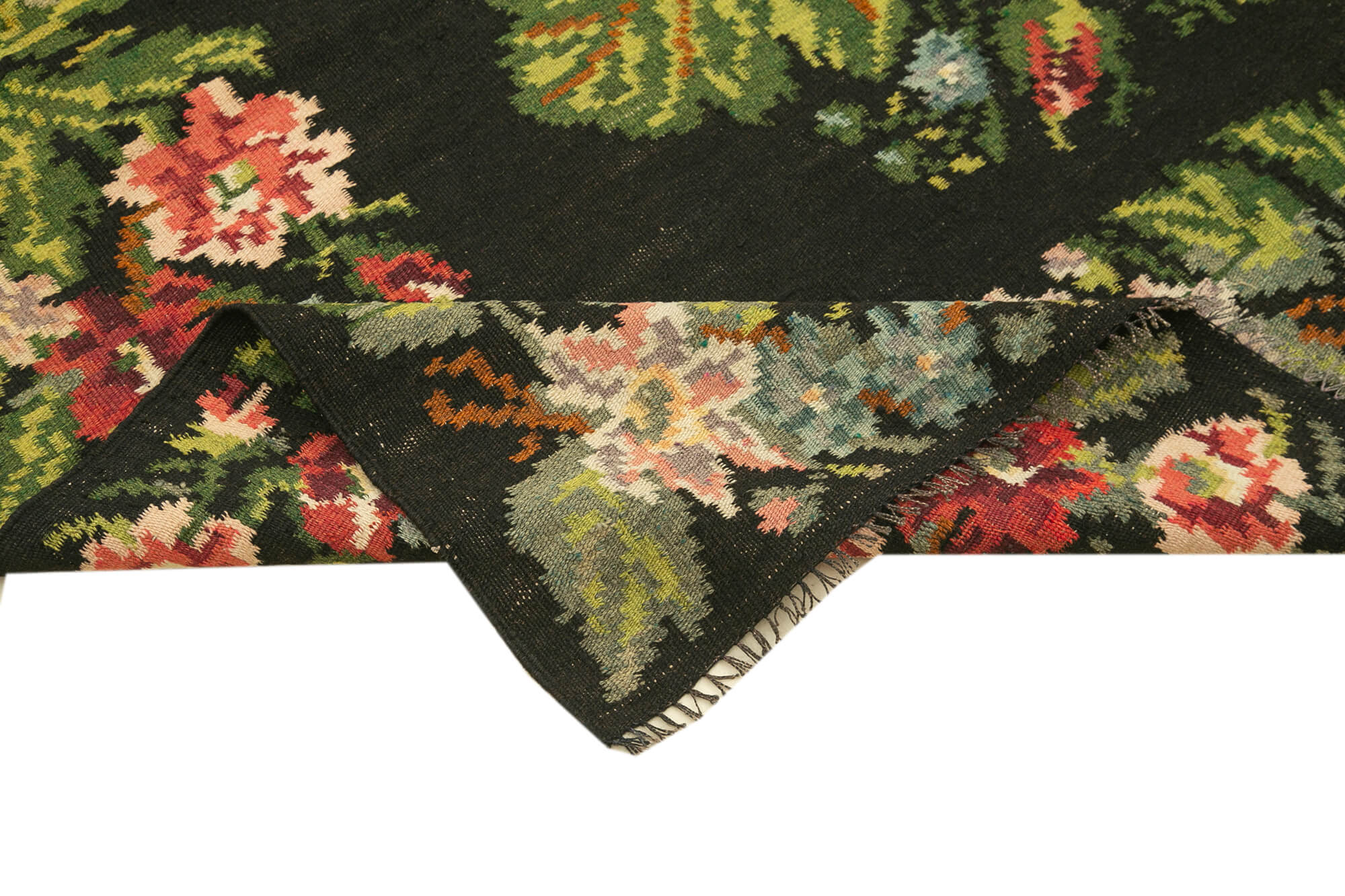 Handmade Wool Area Rug – Black Floral Vintage Hand Woven Rug 6'2''x14'4''