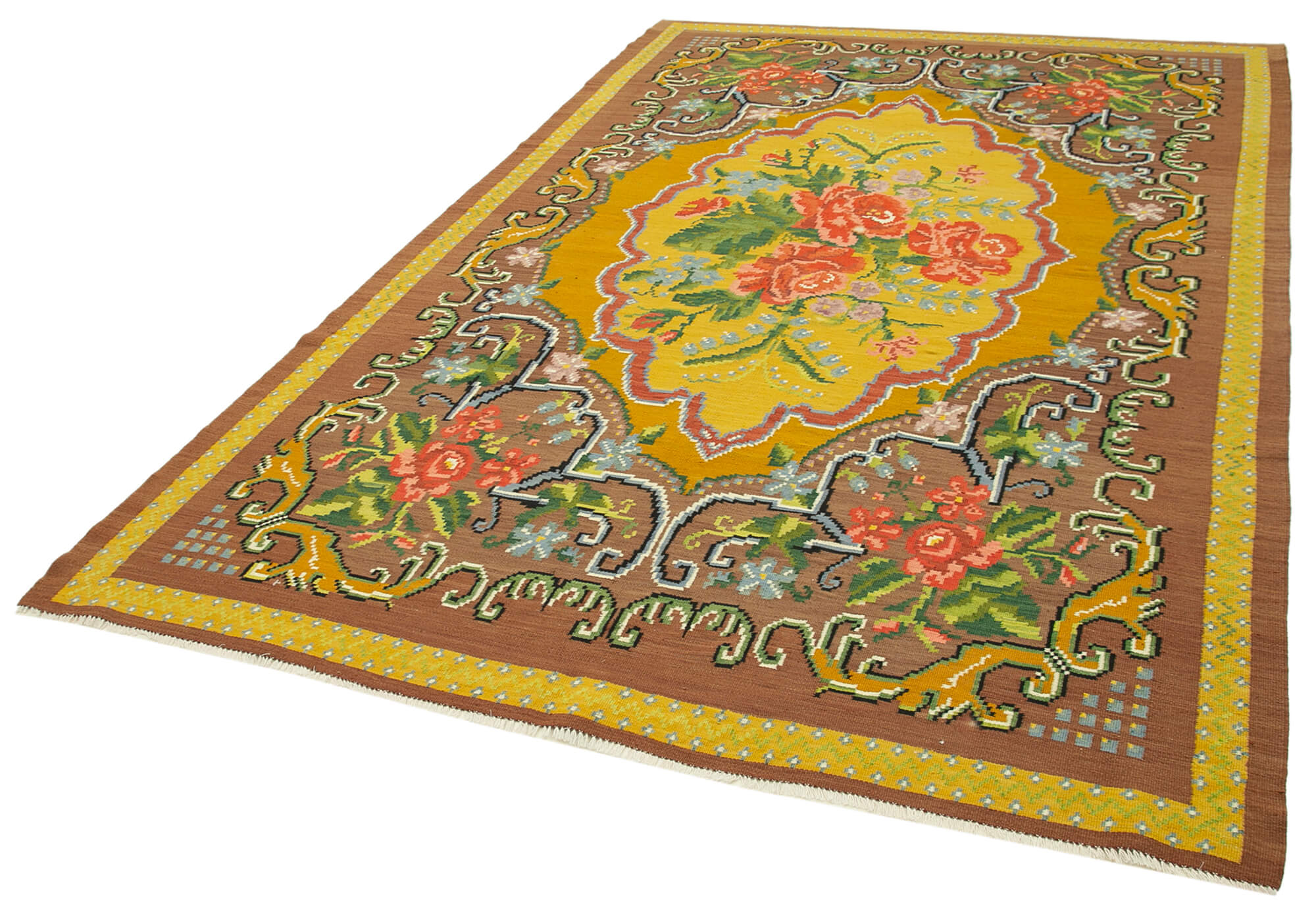 Handmade Wool Rug - Brown Floral Carpet | Vintage Handwoven Cotton Wool Carpet 6'7''x9'9''