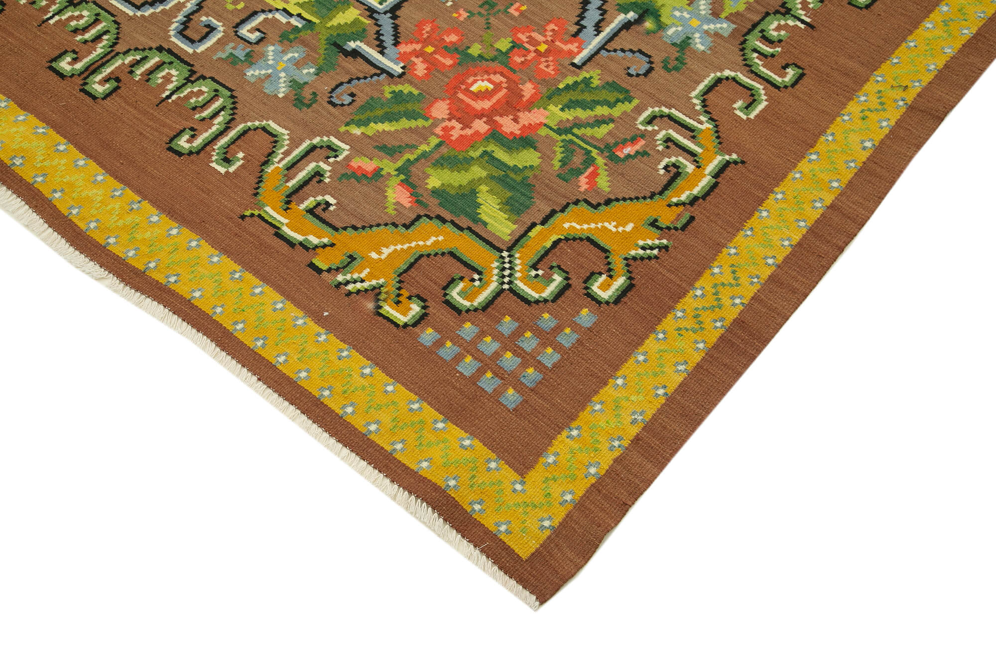 Handmade Wool Rug - Brown Floral Carpet | Vintage Handwoven Cotton Wool Carpet 6'7''x9'9''