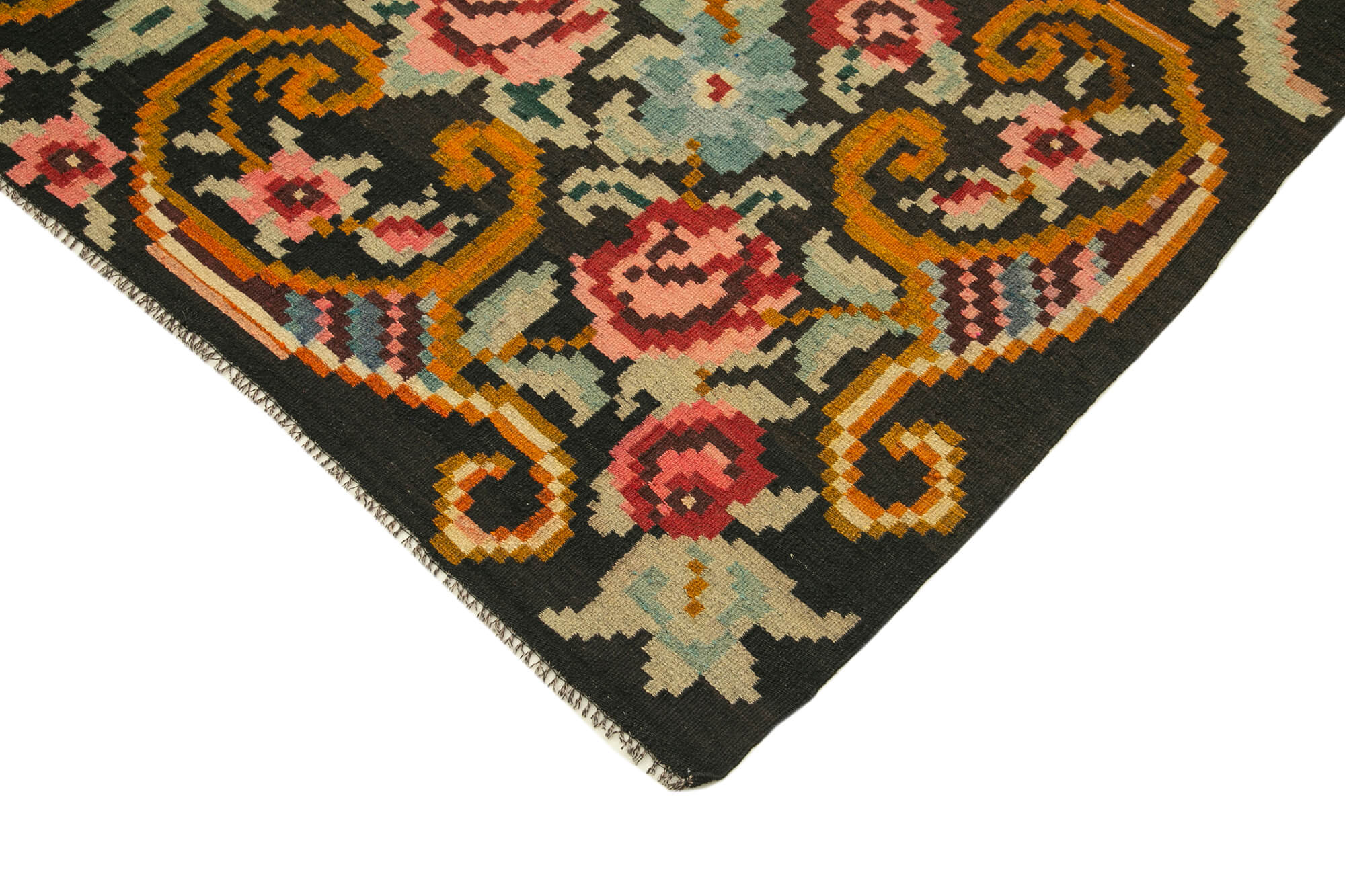 Handmade Wool Rug – Vintage Area Rug Black Floral Cotton Carpet 5'9''x9'4''