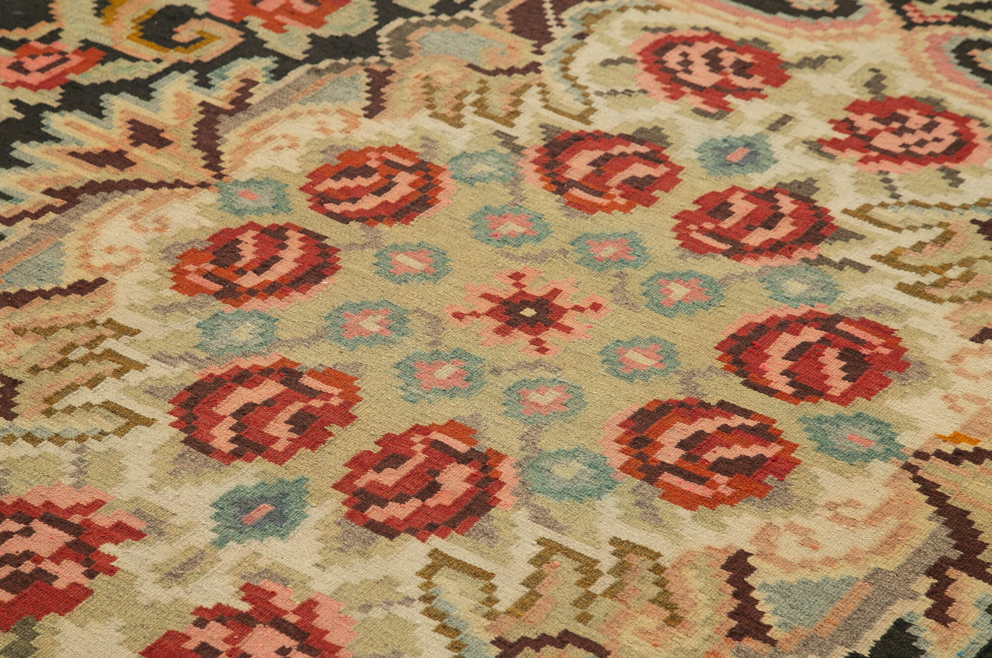 Handmade Wool Rug – Vintage Area Rug Black Floral Cotton Carpet 5'9''x9'4''