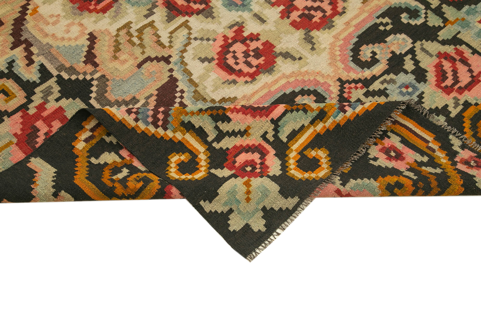 Handmade Wool Rug – Vintage Area Rug Black Floral Cotton Carpet 5'9''x9'4''