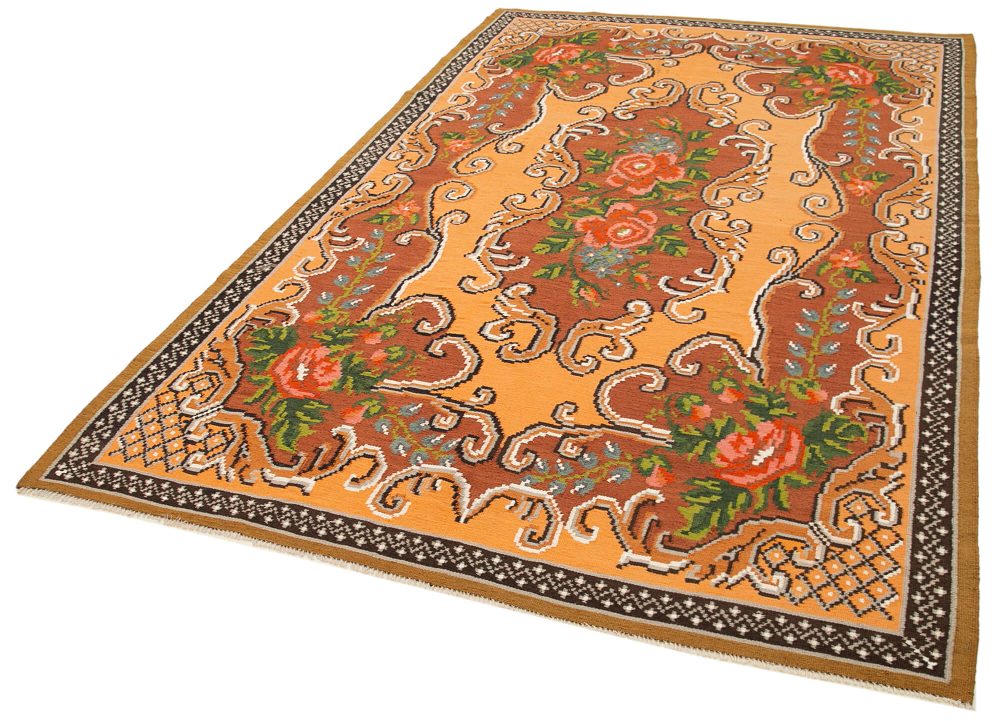 Handmade Wool Rug – Vintage Area Rug Brown Floral Cotton & Goat Hair Carpet 5'9''x9'3''