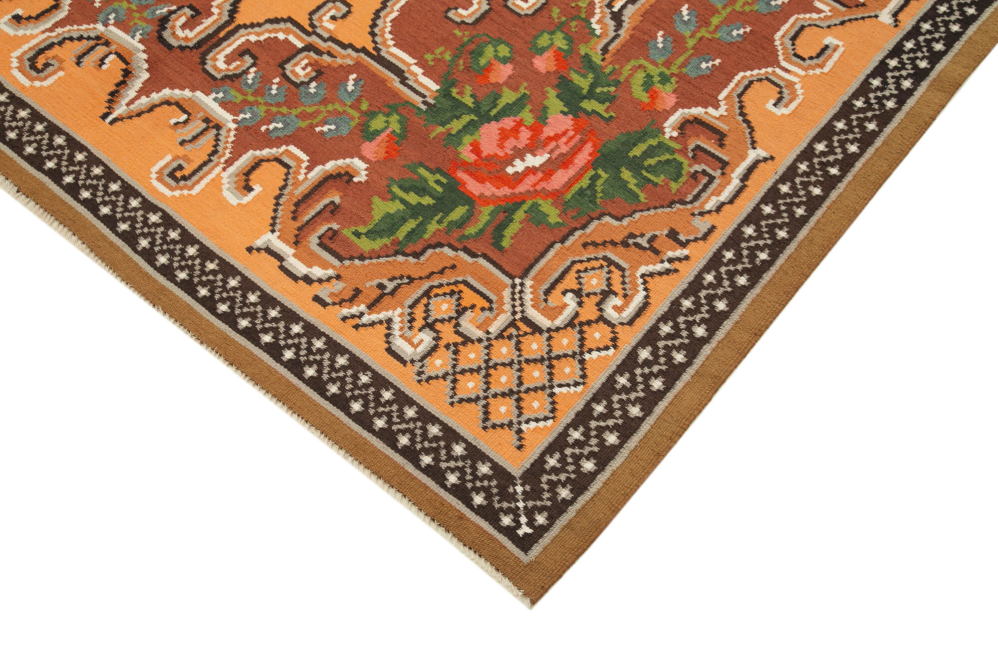 Handmade Wool Rug – Vintage Area Rug Brown Floral Cotton & Goat Hair Carpet 5'9''x9'3''