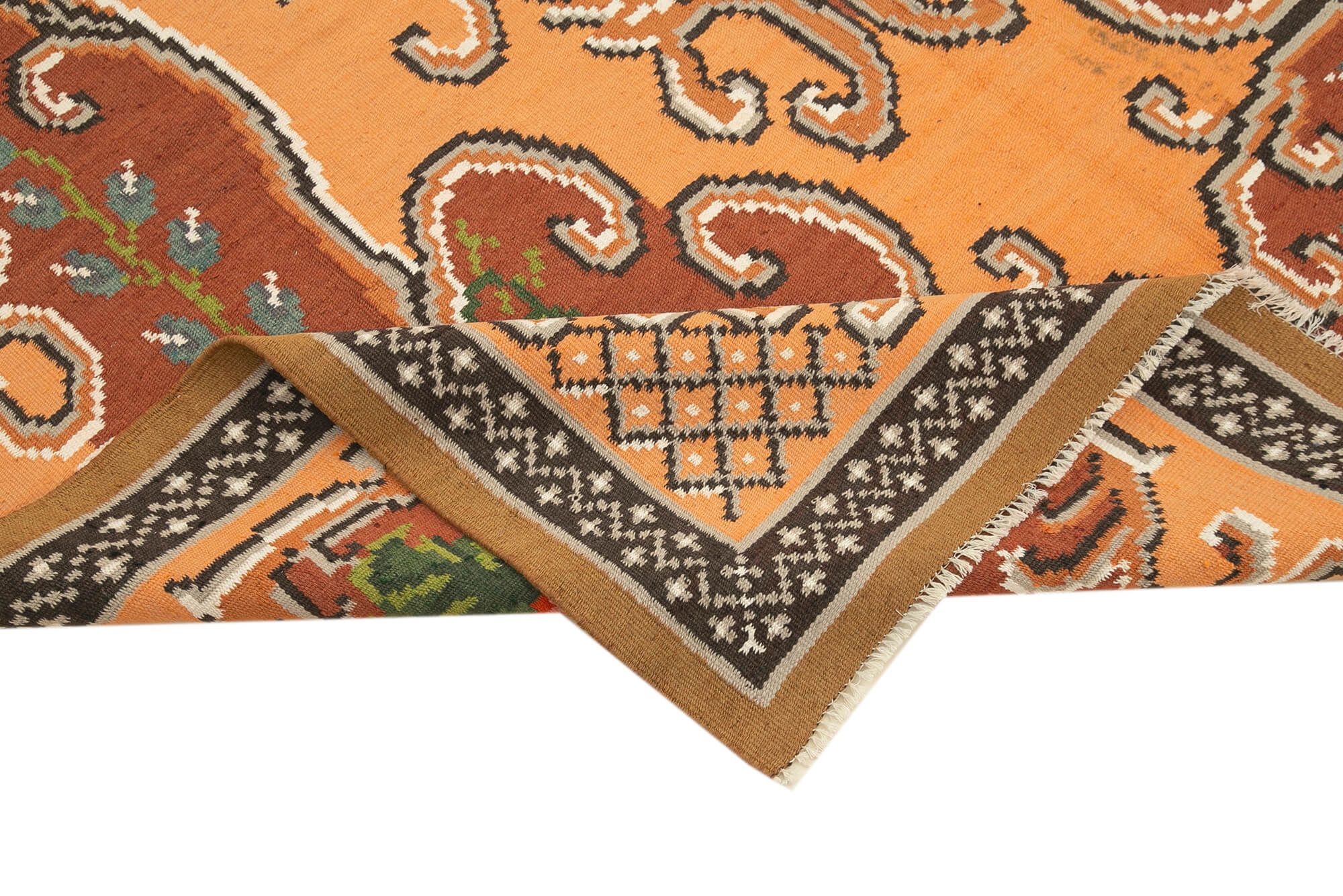 Handmade Wool Rug – Vintage Area Rug Brown Floral Cotton & Goat Hair Carpet 5'9''x9'3''