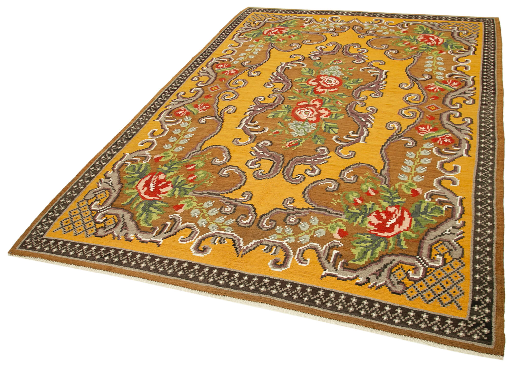 Handmade Wool Rug - Brown Floral Carpet | Vintage Area Rug 6'0'' x 9'2''
