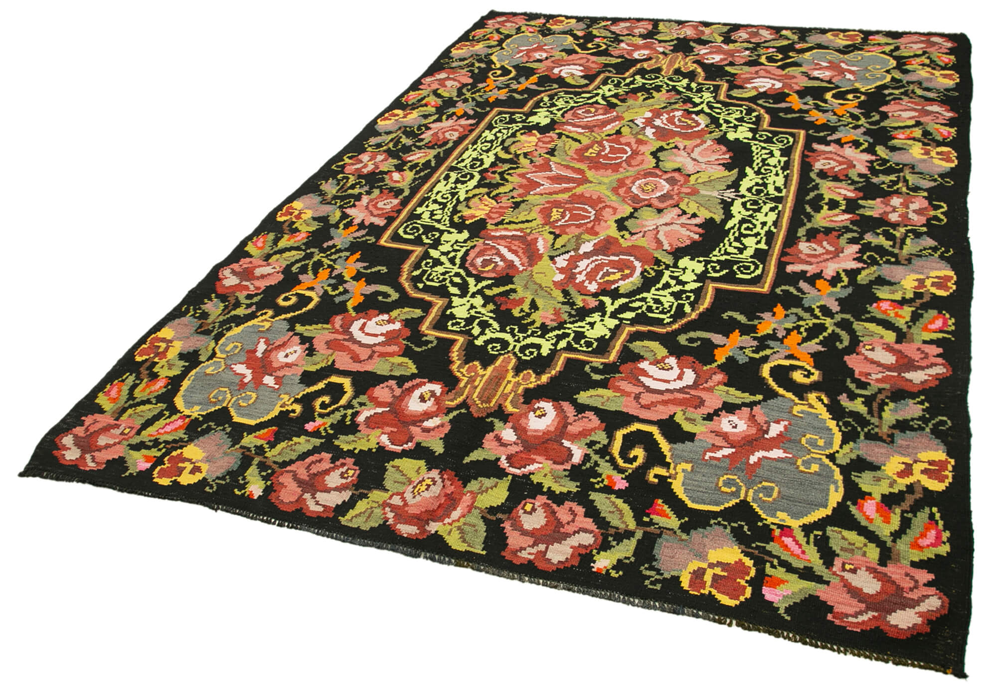 Handmade Wool Rug - Black Floral Area Rug | Cotton Wool Carpet, Durable Woven Carpet 6'2''x9'6''