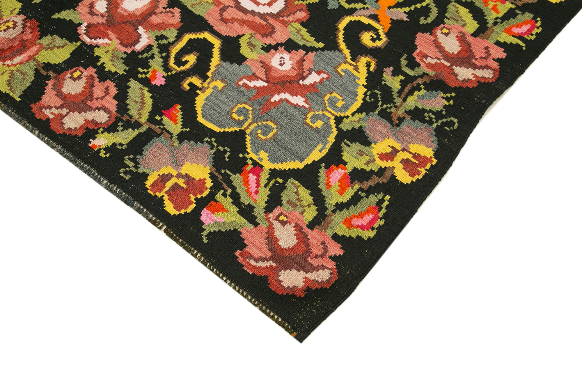 Handmade Wool Rug - Black Floral Area Rug | Cotton Wool Carpet, Durable Woven Carpet 6'2''x9'6''
