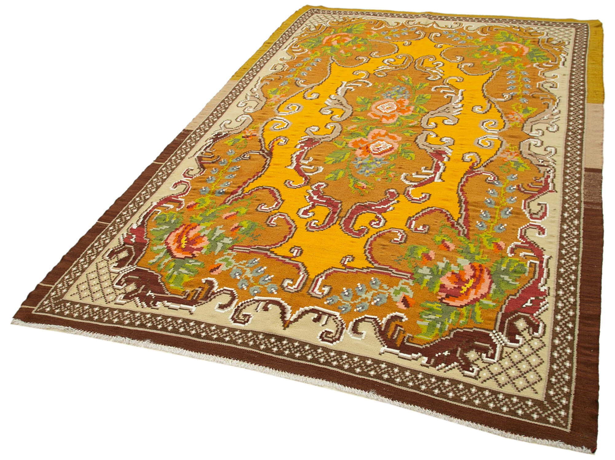 Handmade Wool Rug - Brown Floral Carpet 5'9''x9'3'' | Vintage Area Rug Bohemian Style