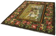 Handmade Wool Rug - Vintage Area Rug Black Floral Pattern Carpet 6'4'' x 7'10''