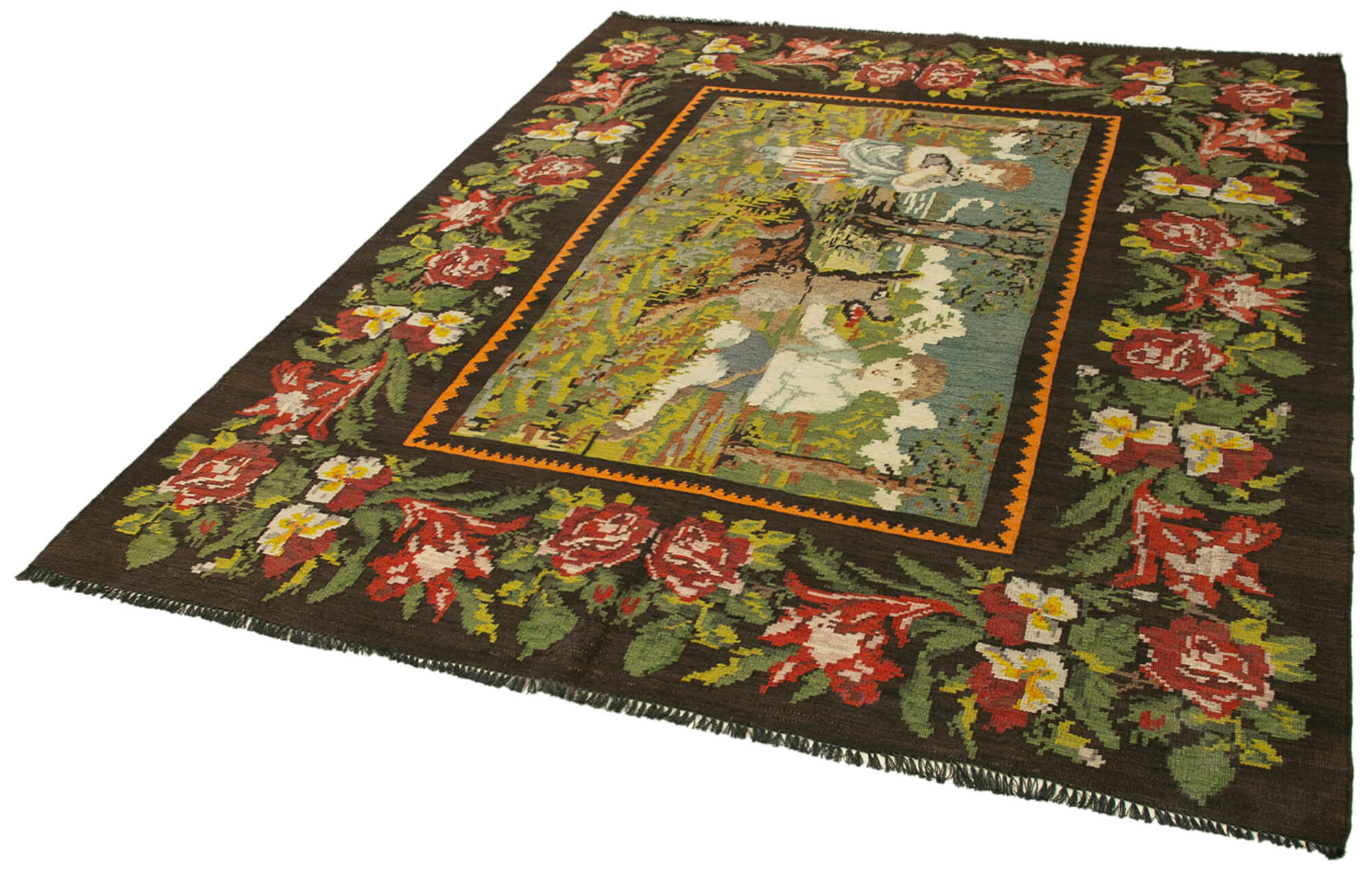 Handmade Wool Rug - Vintage Area Rug Black Floral Pattern Carpet 6'4'' x 7'10''