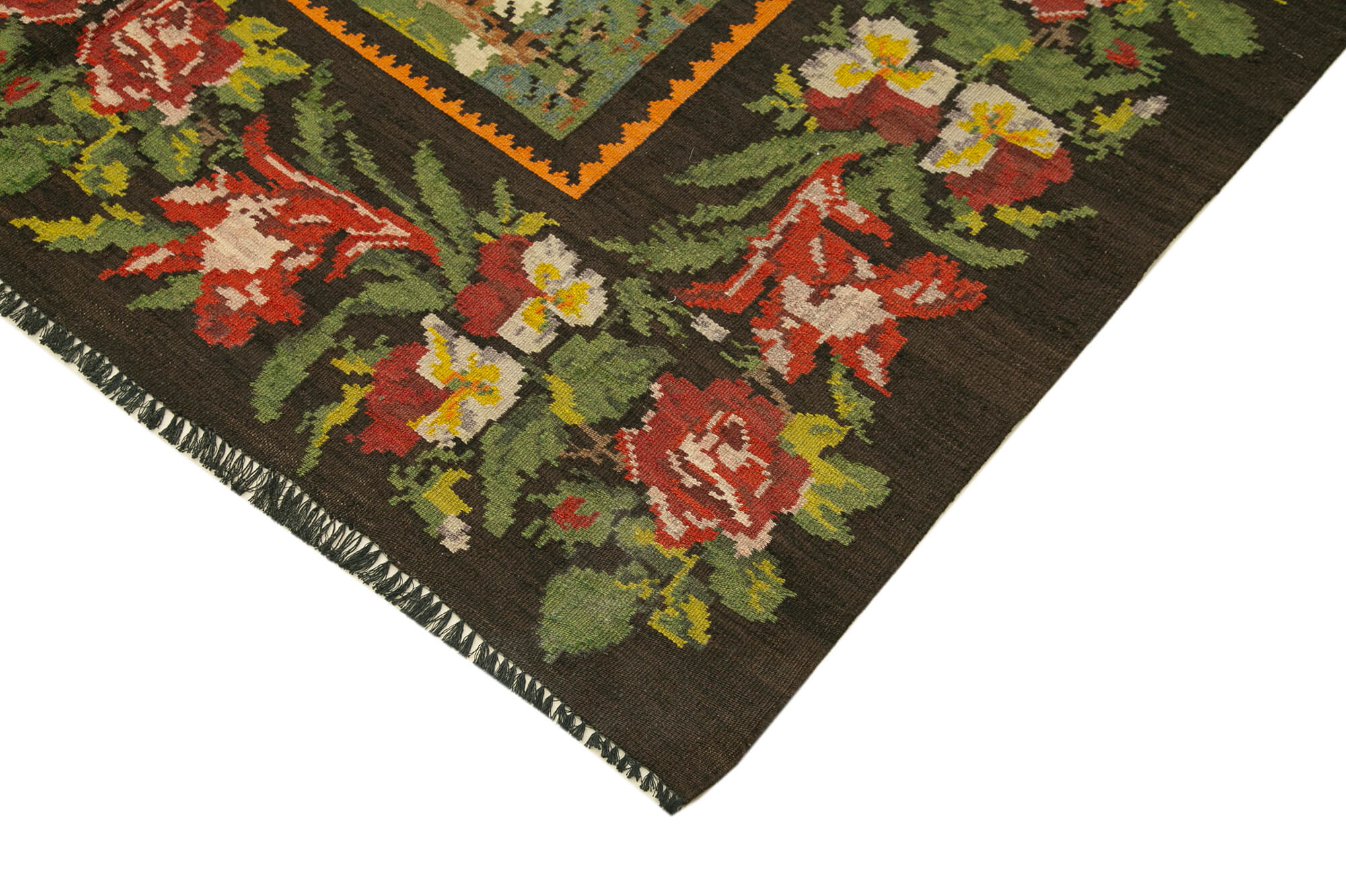Handmade Wool Rug - Vintage Area Rug Black Floral Pattern Carpet 6'4'' x 7'10''